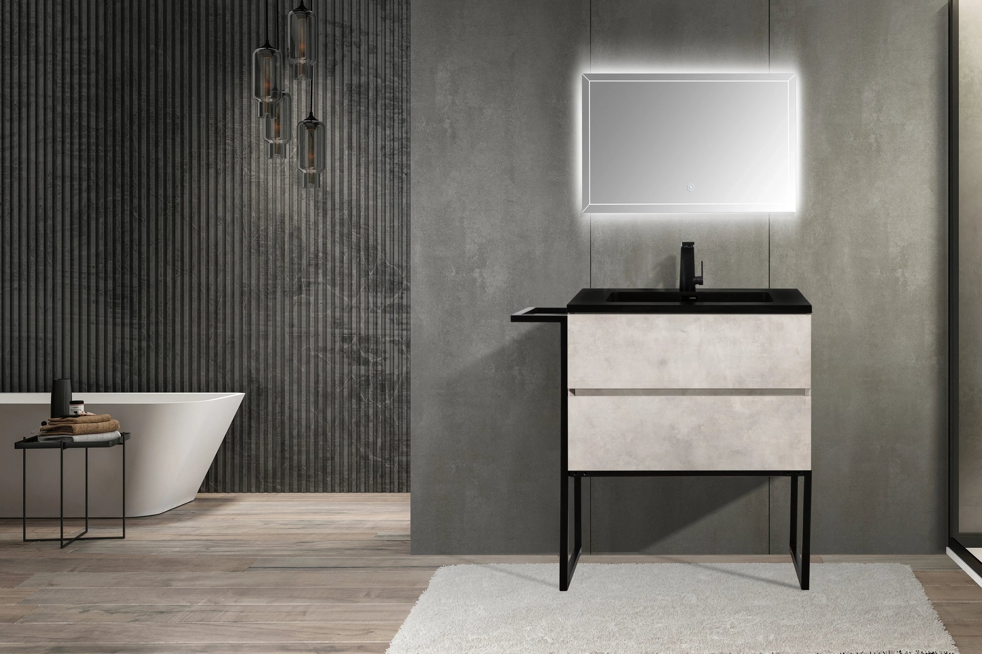 30" Grey Wall Mount Bathroom Vanity with Black Engineered Quartz Countertop-Migration_Bathroom Vanities-DECOROLALA