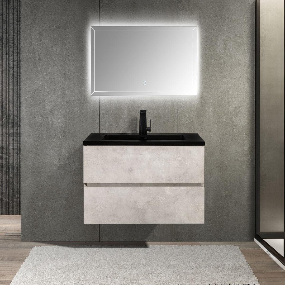 30" Grey Wall Mount Bathroom Vanity with Black Engineered Quartz Countertop-Migration_Bathroom Vanities-DECOROLALA