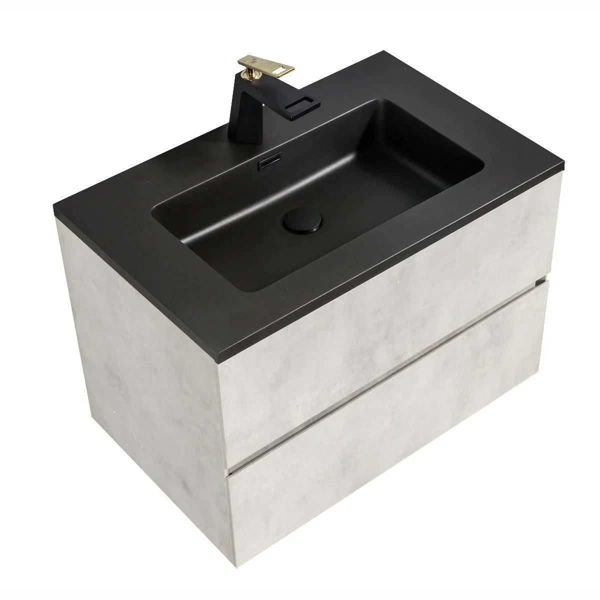 30" Grey Wall Mount Bathroom Vanity with Black Engineered Quartz Countertop-Migration_Bathroom Vanities-DECOROLALA