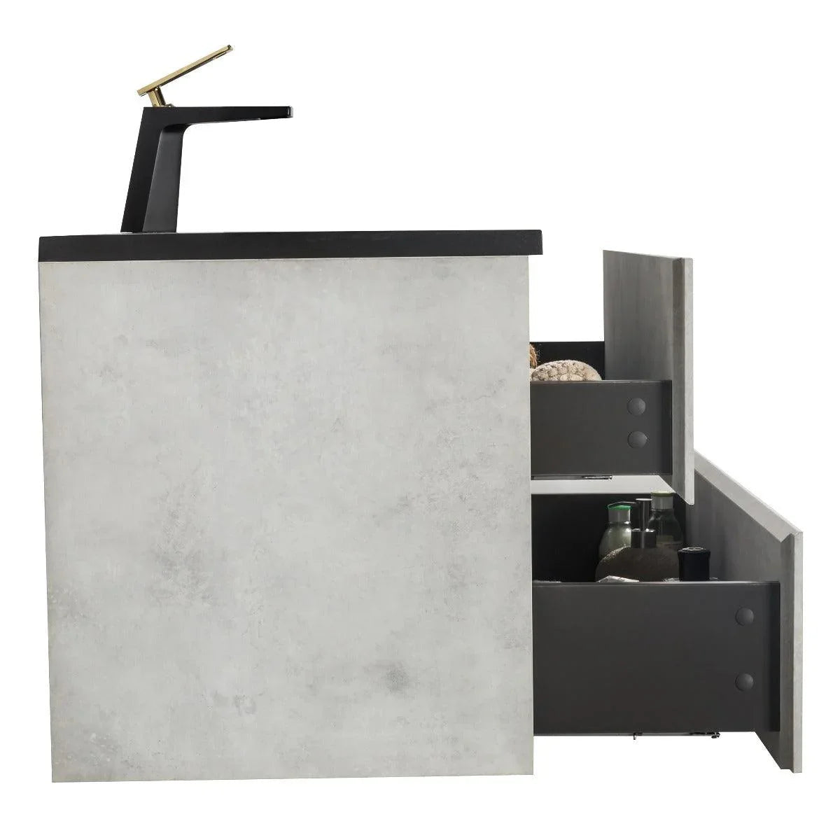 30" Grey Wall Mount Bathroom Vanity with Black Engineered Quartz Countertop-Migration_Bathroom Vanities-DECOROLALA