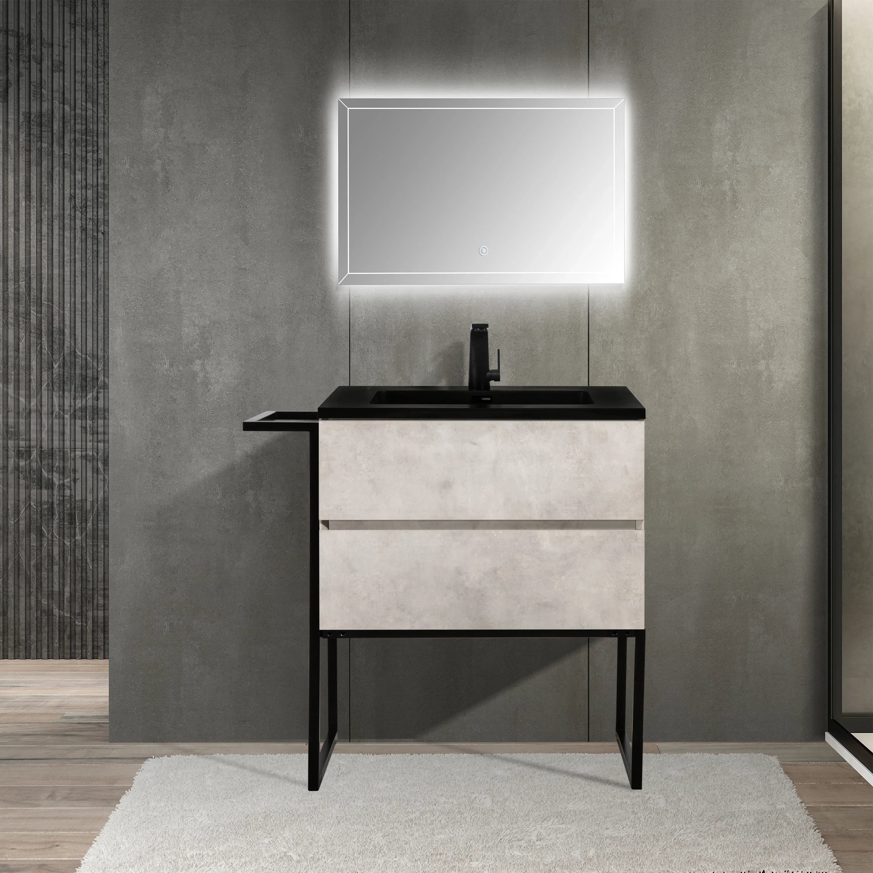 30" Grey Wall Mount Bathroom Vanity with Black Engineered Quartz Countertop-Migration_Bathroom Vanities-DECOROLALA