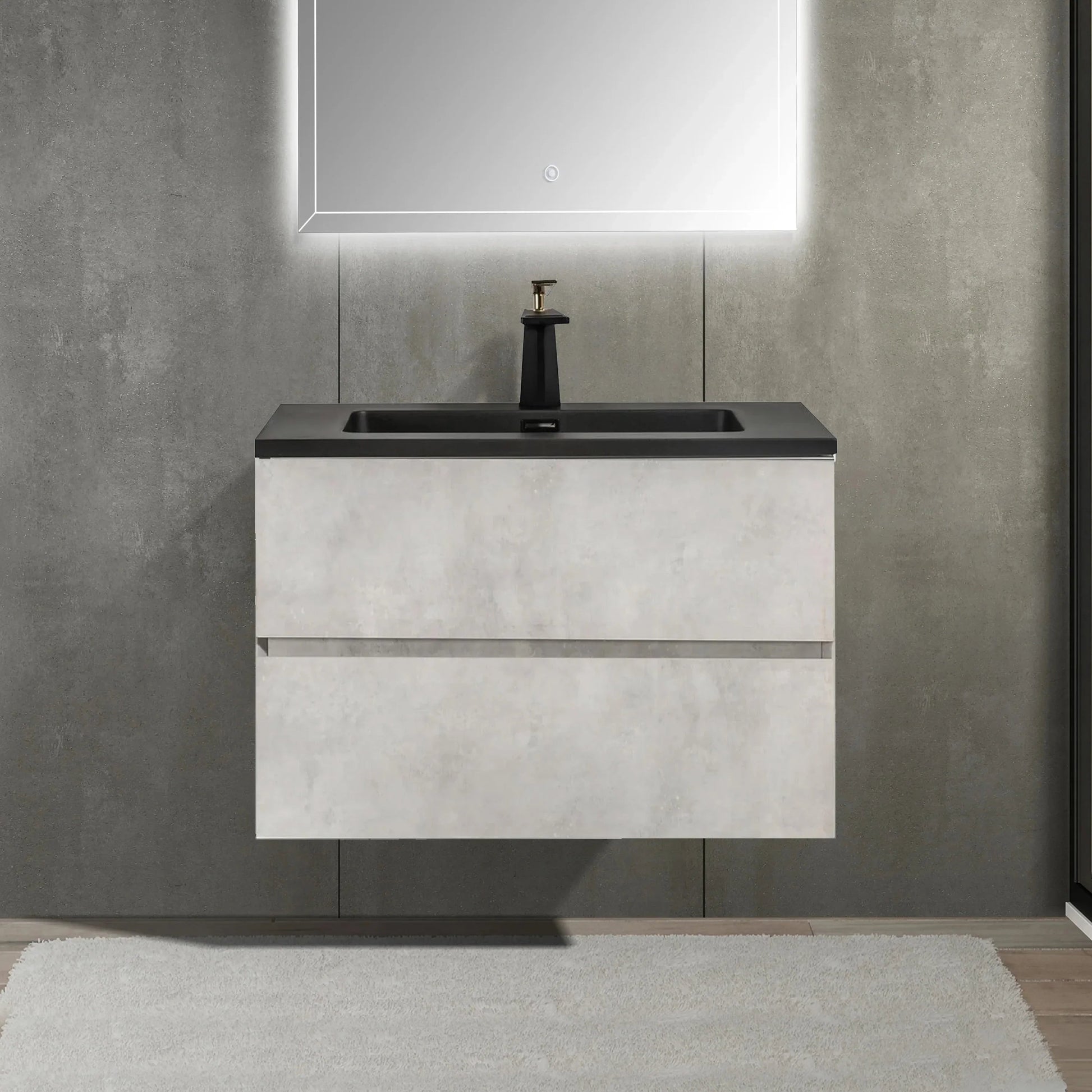 30" Grey Wall Mount Bathroom Vanity with Black Engineered Quartz Countertop-Migration_Bathroom Vanities-DECOROLALA