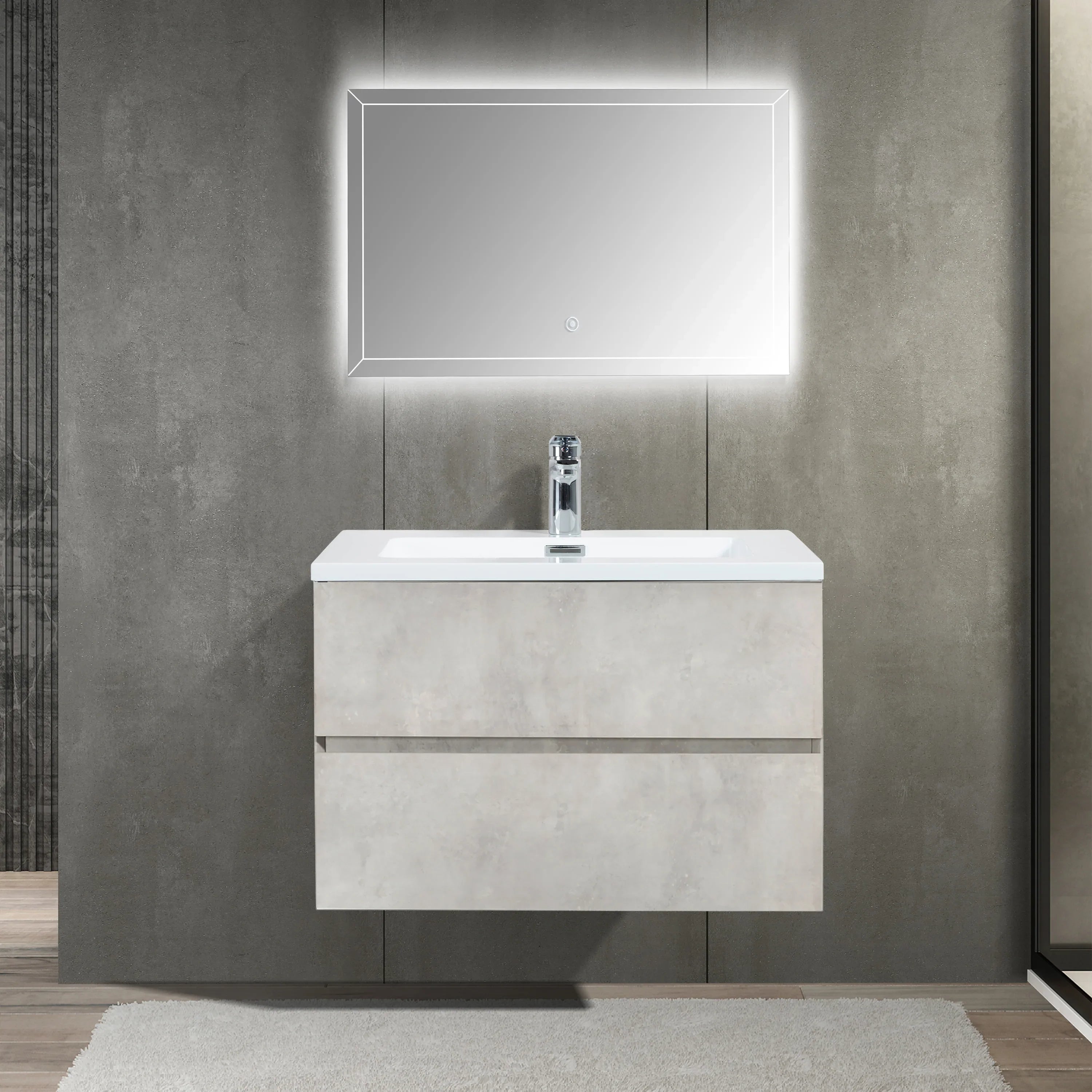 30" Grey Wall Mount Bathroom Vanity with White Polymarble Countertop-Migration_Bathroom Vanities-DECOROLALA