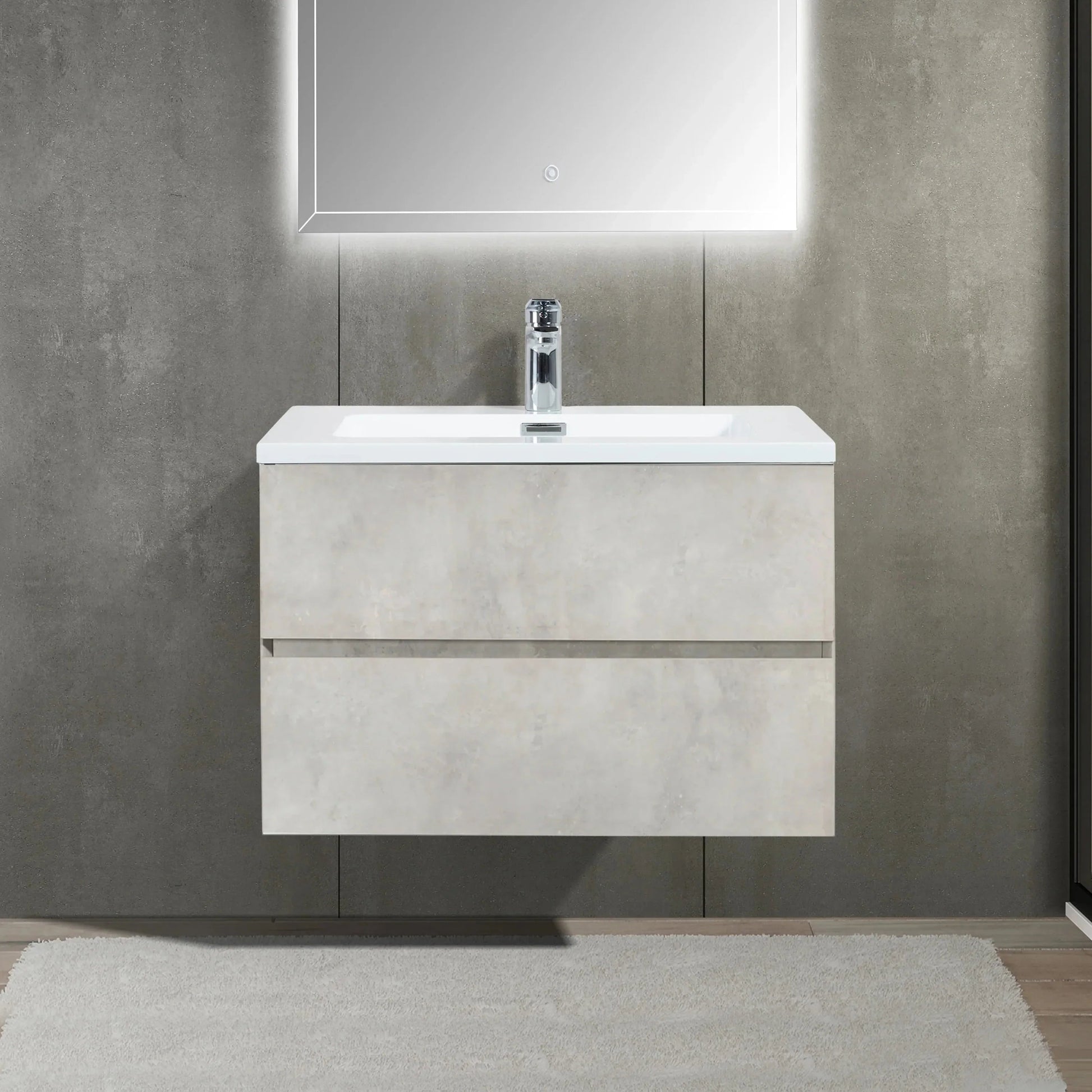 30" Grey Wall Mount Bathroom Vanity with White Polymarble Countertop-Migration_Bathroom Vanities-DECOROLALA