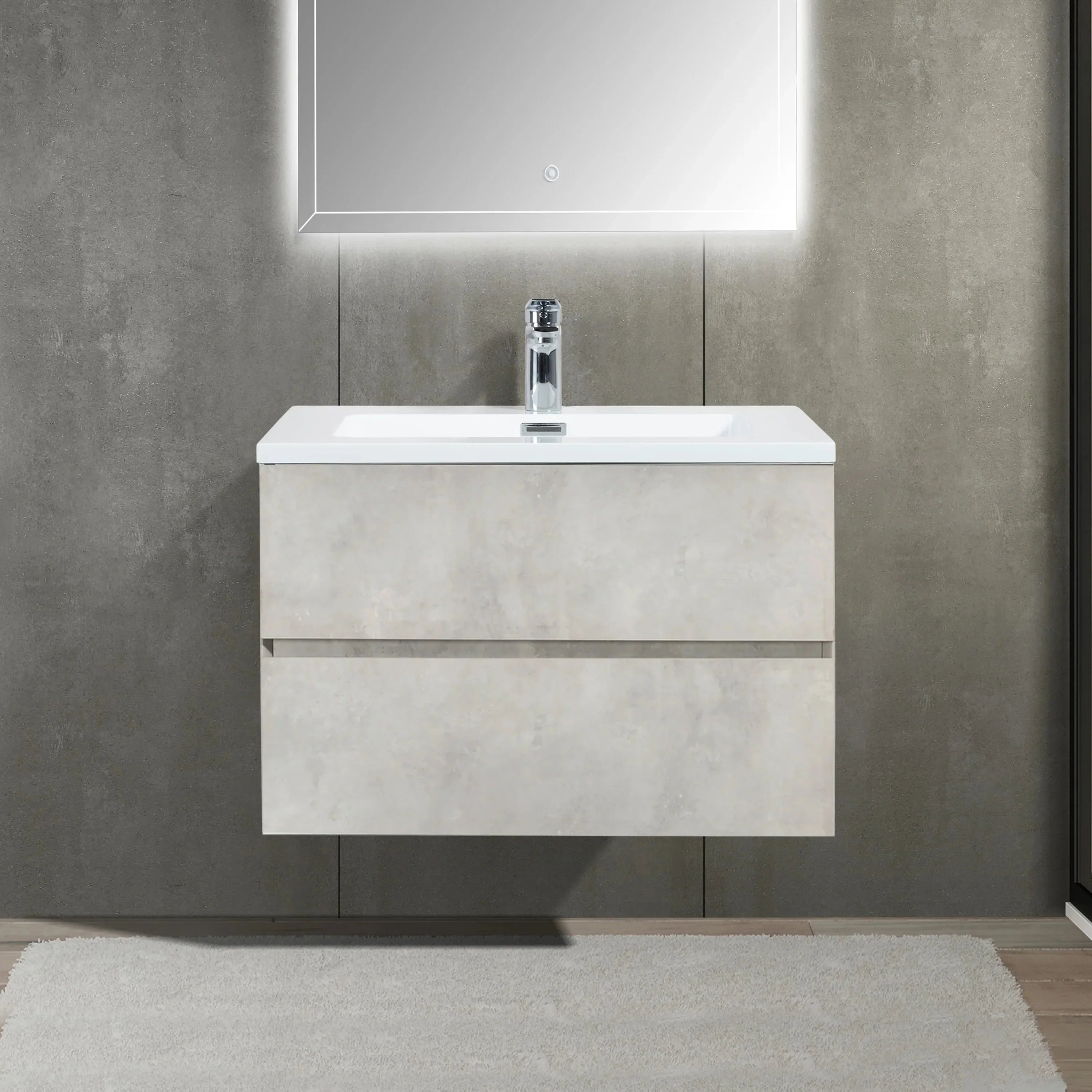 30" Grey Wall Mount Bathroom Vanity with White Polymarble Countertop-Migration_Bathroom Vanities-DECOROLALA