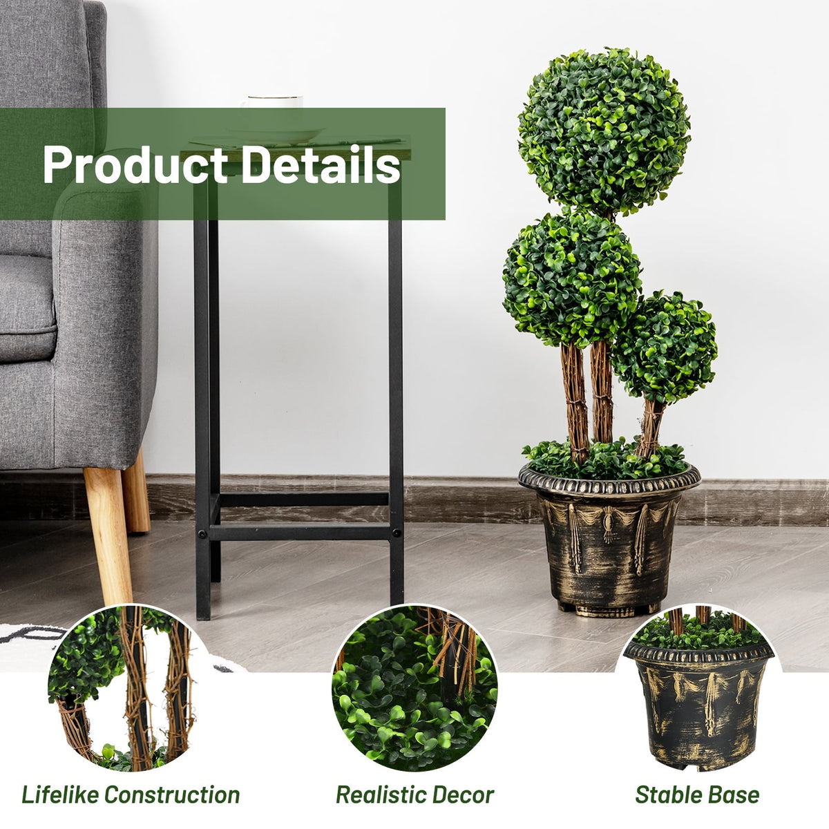 30 Inch Artificial Topiary Triple Ball Tree Indoor and Outdoor UV Protection-Artificial Plants-DECOROLALA