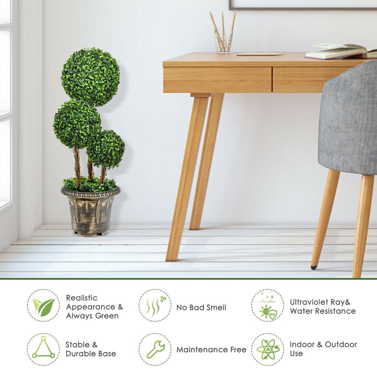 30 Inch Artificial Topiary Triple Ball Tree Indoor and Outdoor UV Protection-Artificial Plants-DECOROLALA