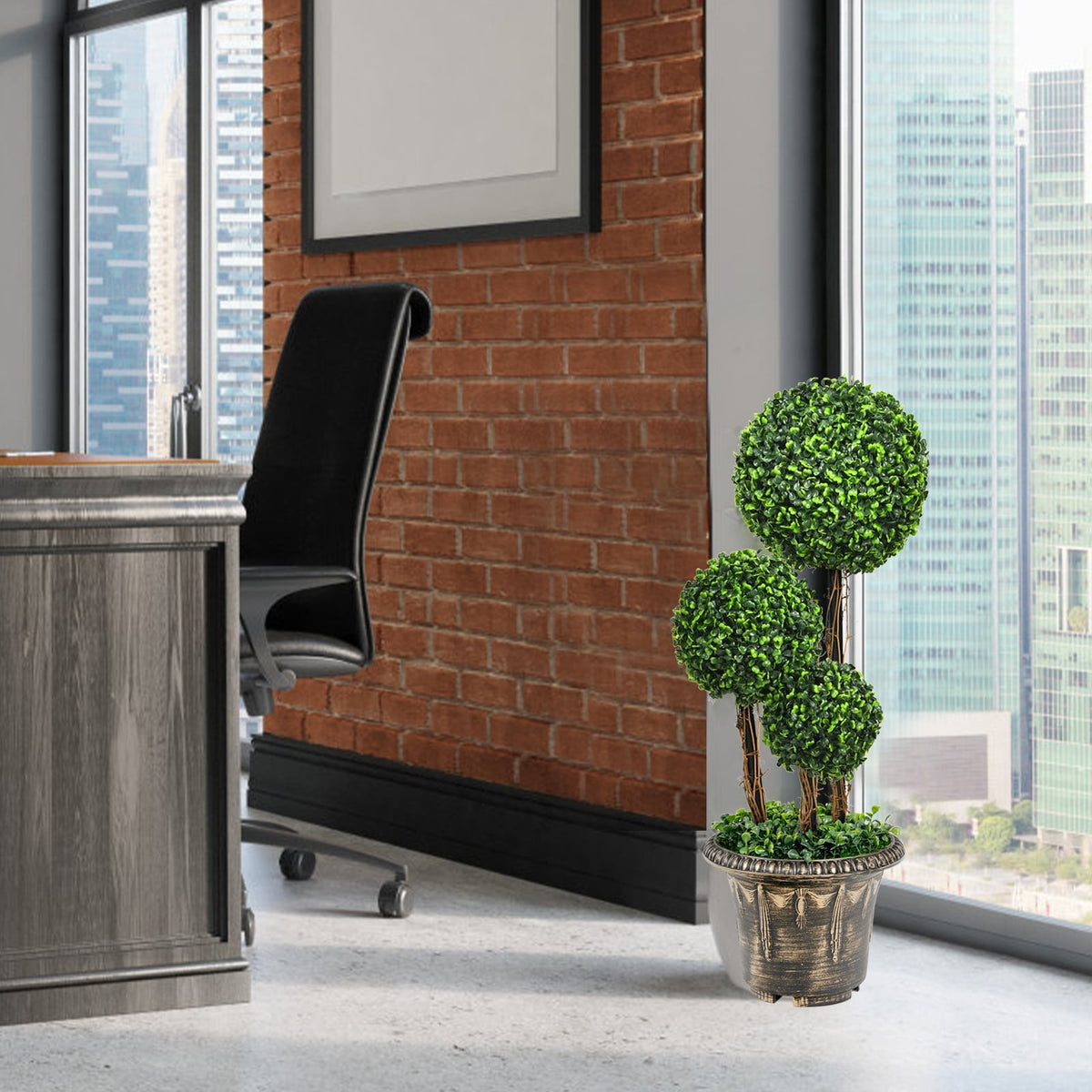 30 Inch Artificial Topiary Triple Ball Tree Indoor and Outdoor UV Protection-Artificial Plants-DECOROLALA
