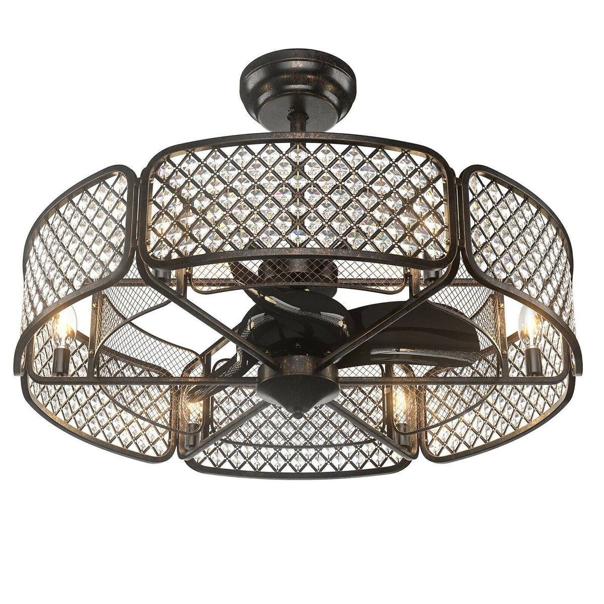 30 Inch Caged Ceiling Fan With Light Crystal Lampshade 6 Light Bases-Coffee-Ceiling Fans-DECOROLALA