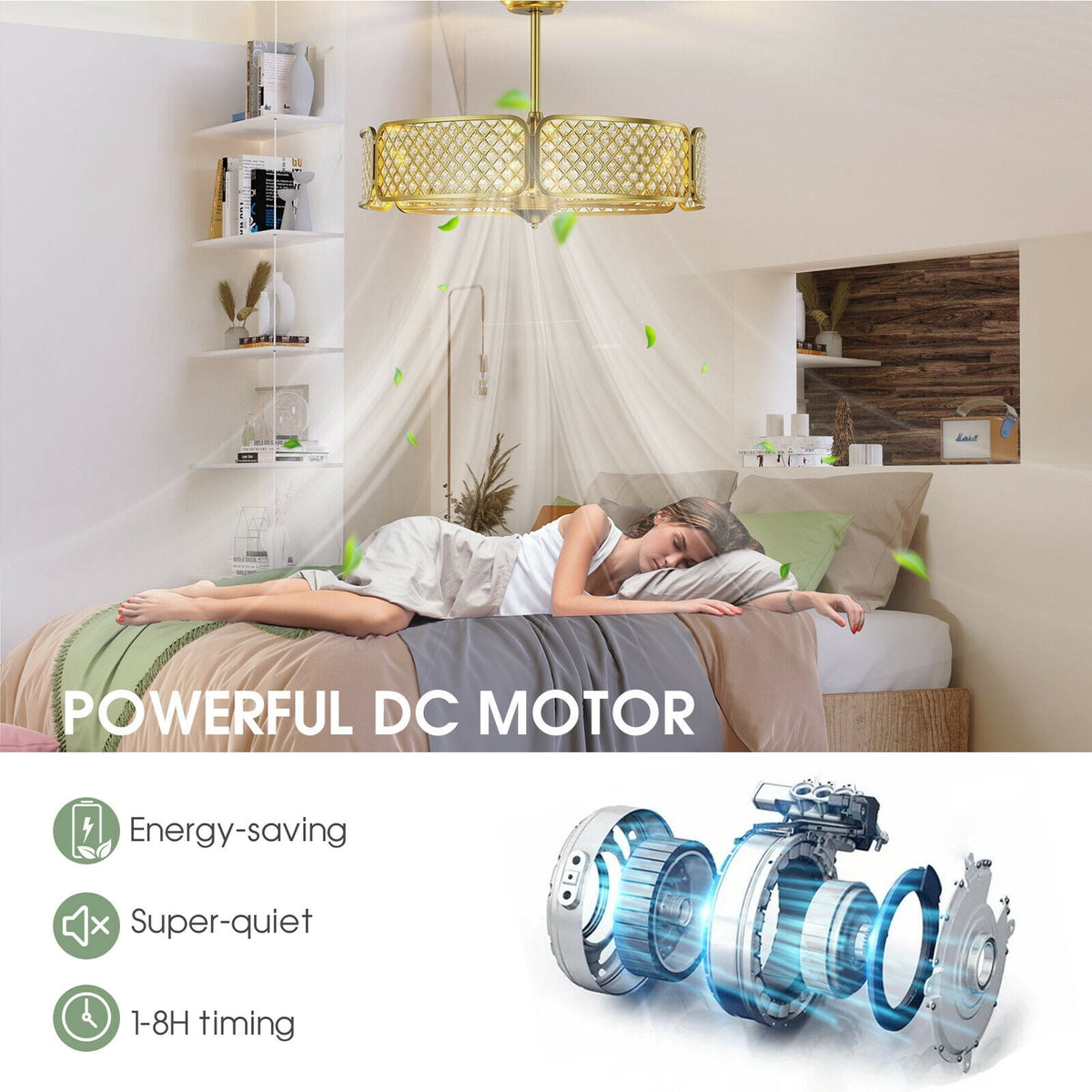30 Inch Caged Ceiling Fan With Light Crystal Lampshade 6 Light Bases-Golden-Ceiling Fans-DECOROLALA