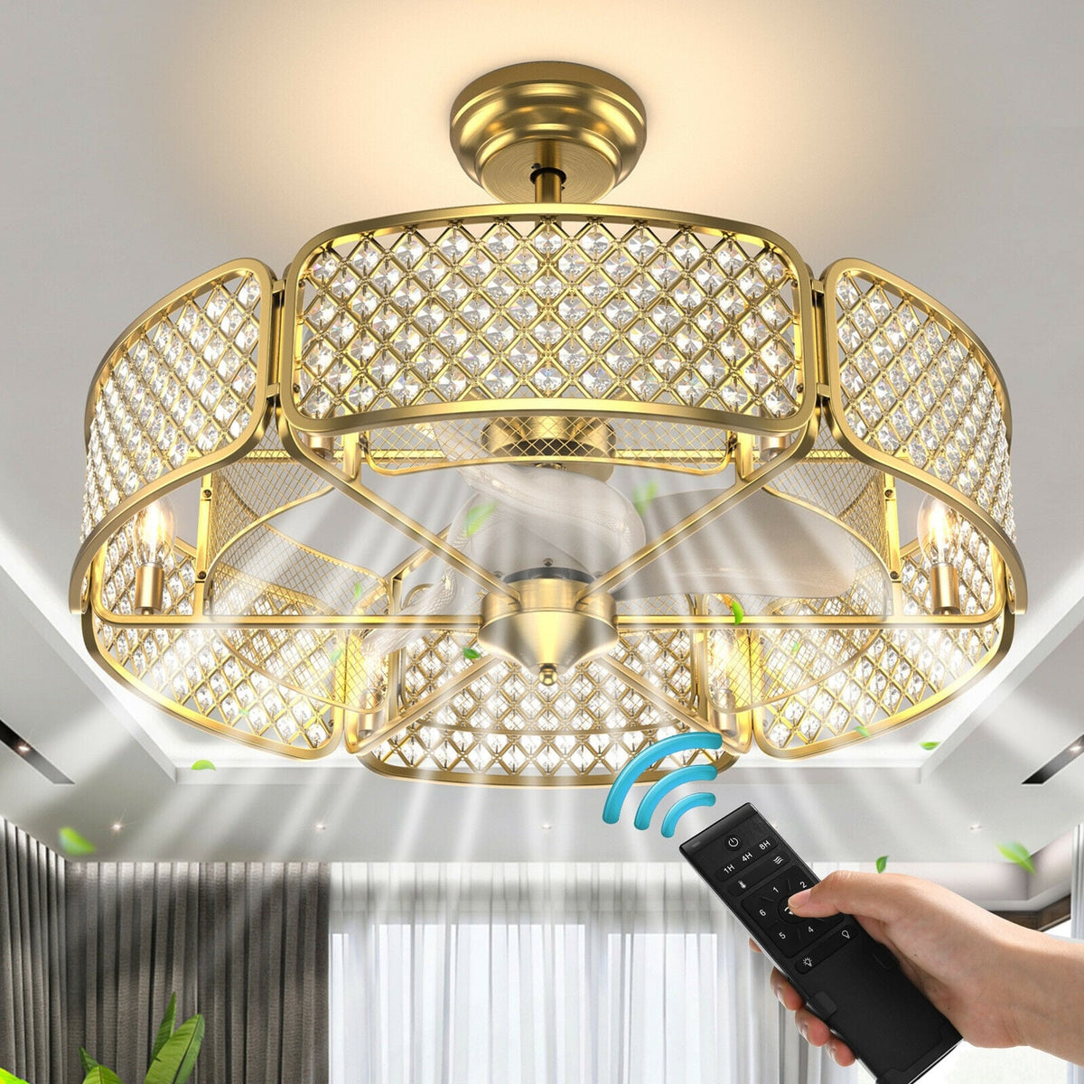 30 Inch Caged Ceiling Fan With Light Crystal Lampshade 6 Light Bases-Golden-Ceiling Fans-DECOROLALA