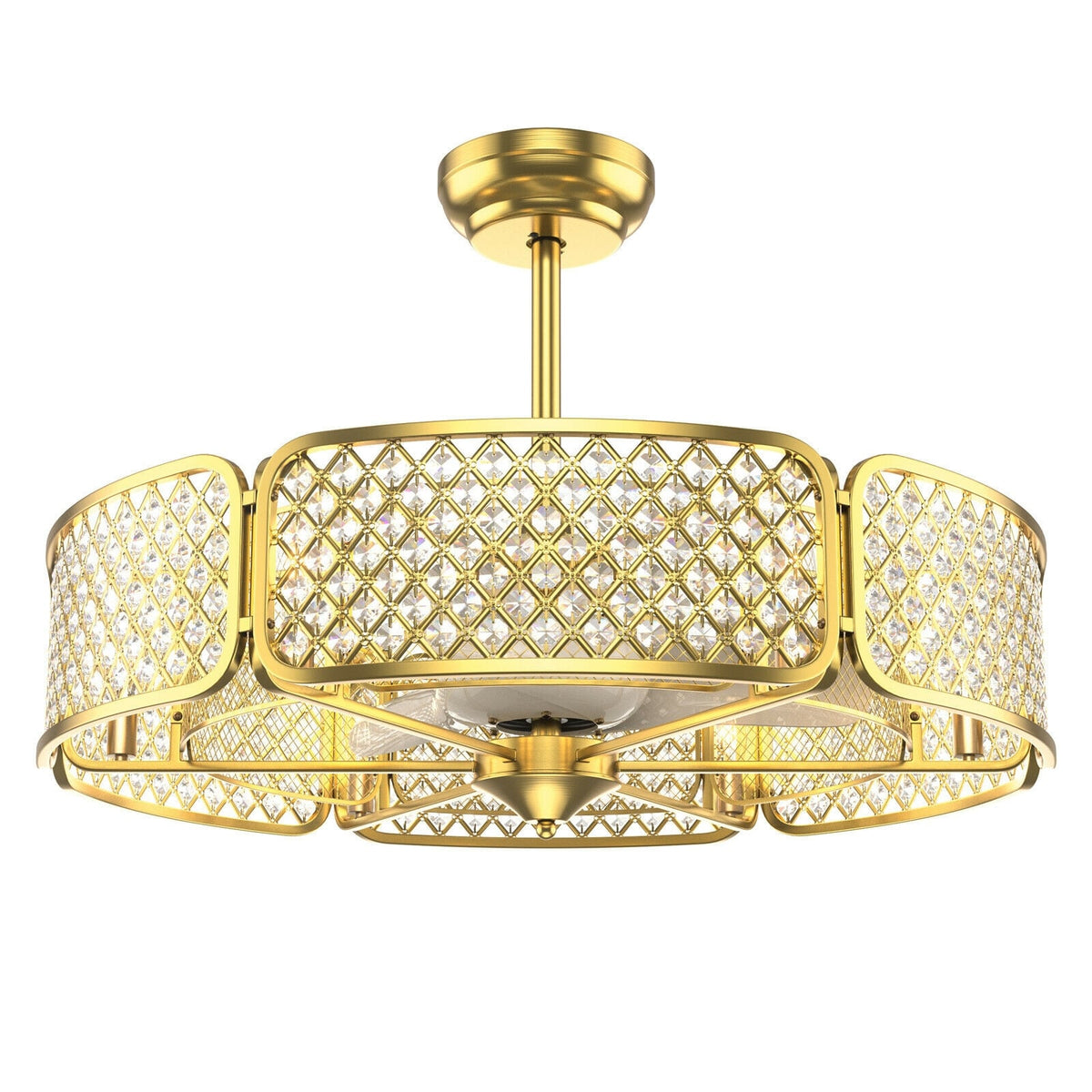 30 Inch Caged Ceiling Fan With Light Crystal Lampshade 6 Light Bases-Golden-Ceiling Fans-DECOROLALA
