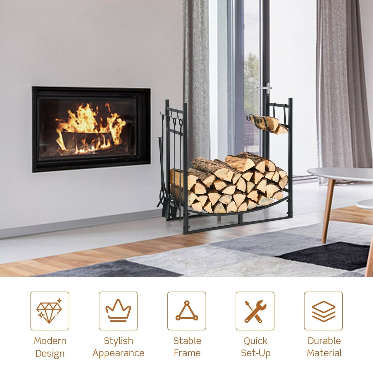 30 Inch Firewood Rack with 4 Tool Set Kindling Holders for Indoor and Outdoor-Log Racks & Carriers-DECOROLALA