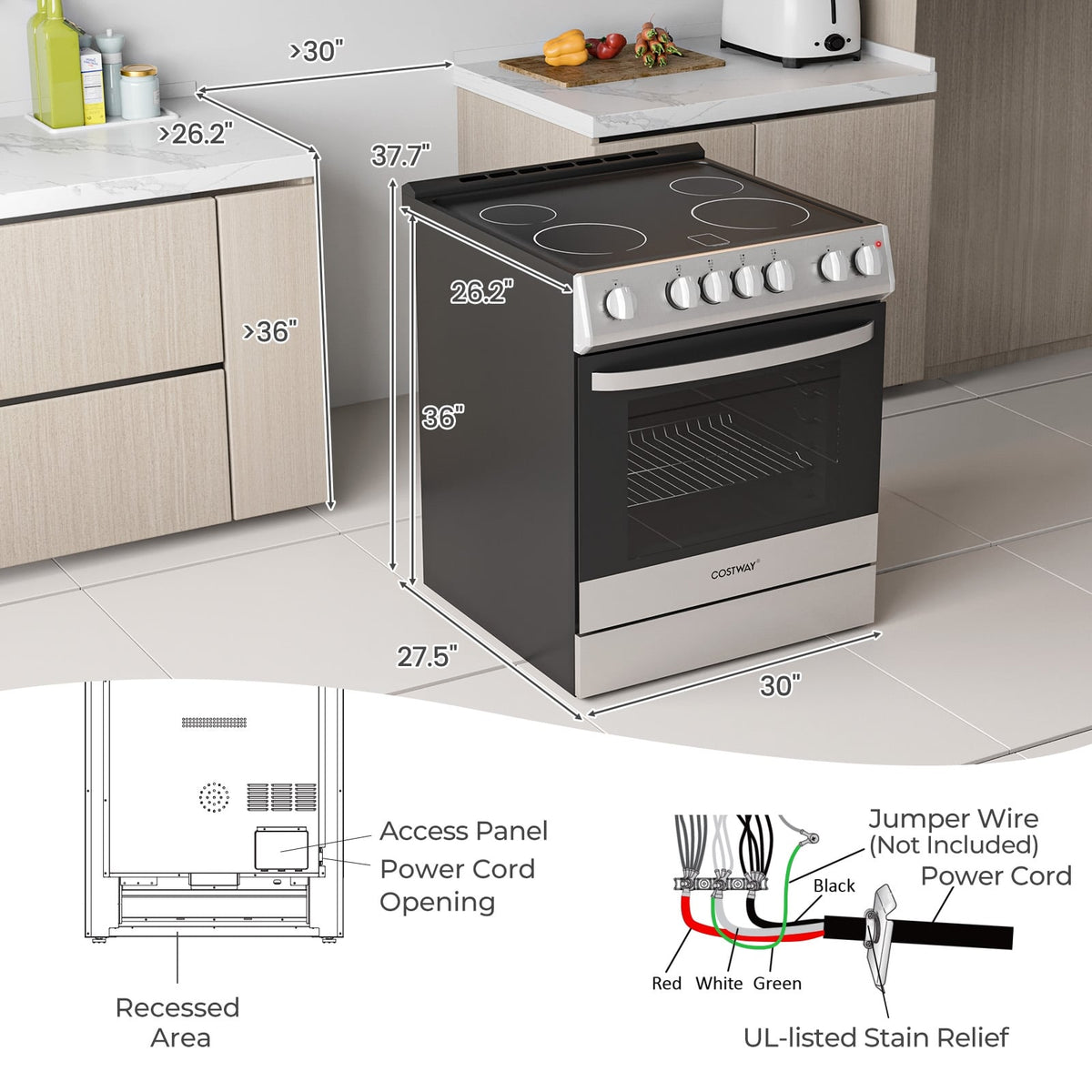 30 Inch Freestanding and Slide-in Kitchen Stove with 4 Burners Ceramic Cooktop-Silver-Food Warmers & Burners-DECOROLALA