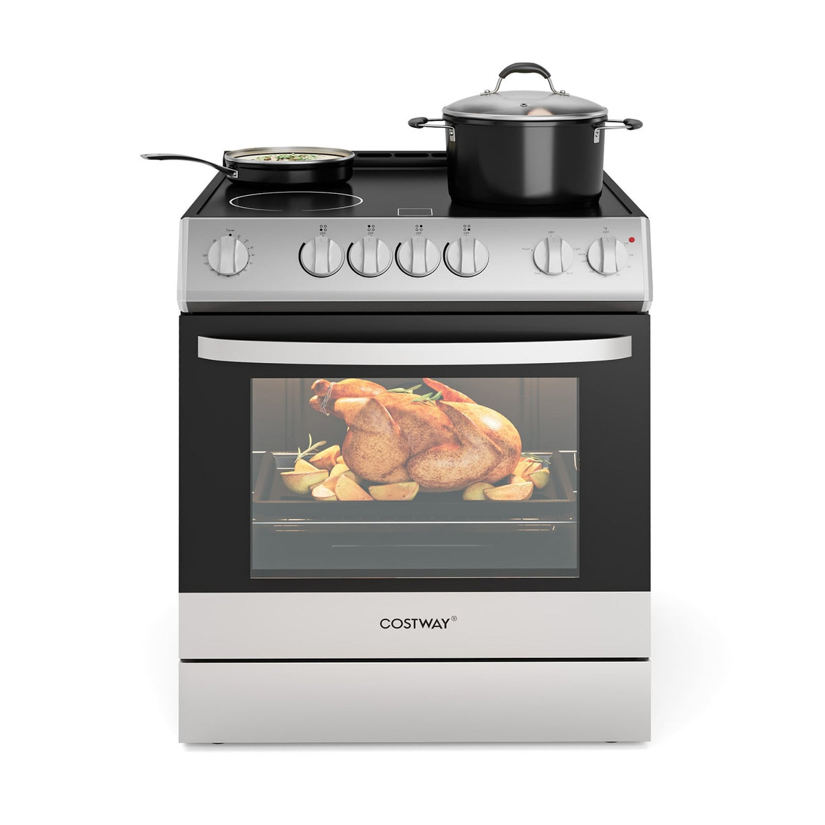 30 Inch Freestanding and Slide-in Kitchen Stove with 4 Burners Ceramic Cooktop-Silver-Food Warmers & Burners-DECOROLALA