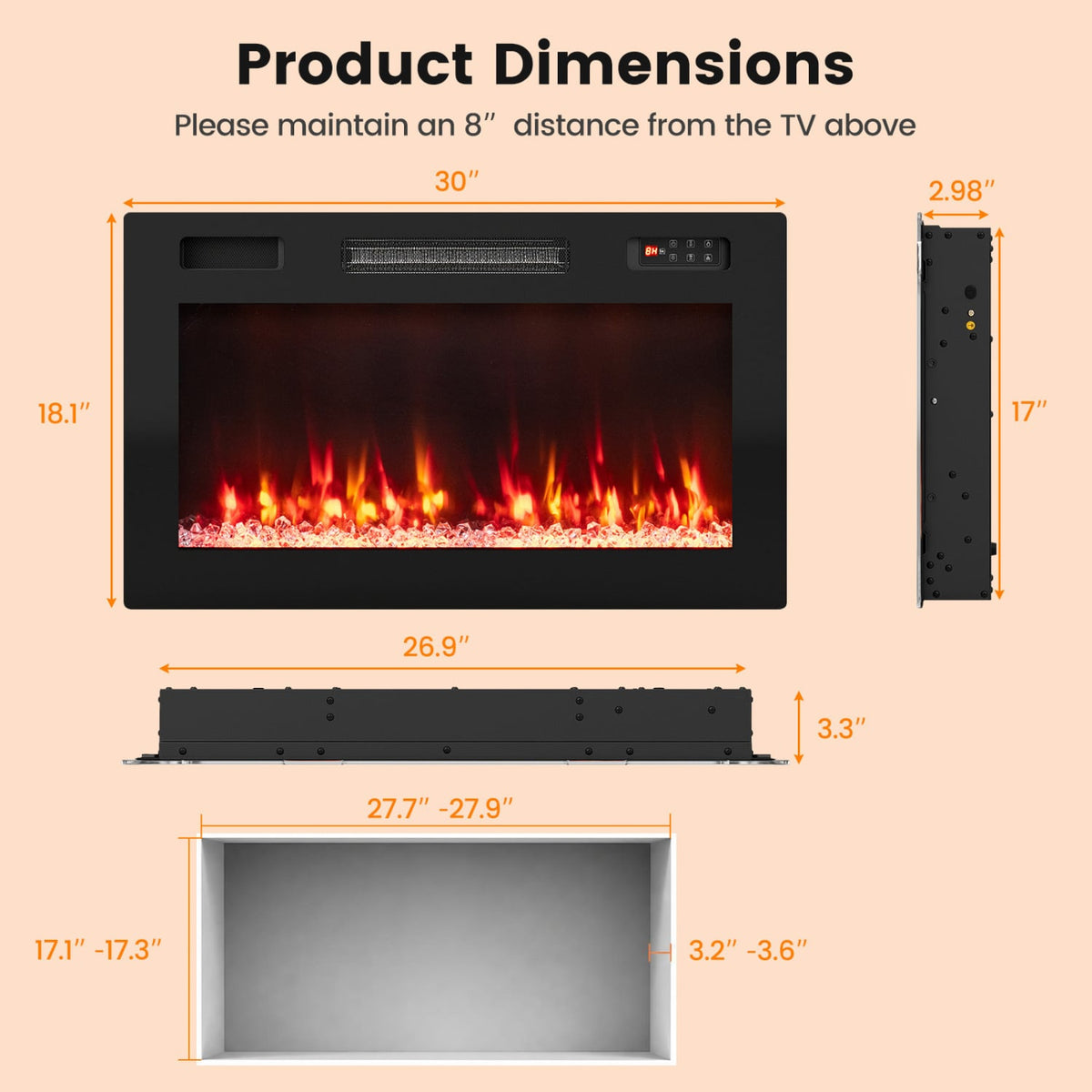 30 Inch Smart WiFi Electric Fireplace with Recessed and Wall Mounted-Fireplaces-DECOROLALA