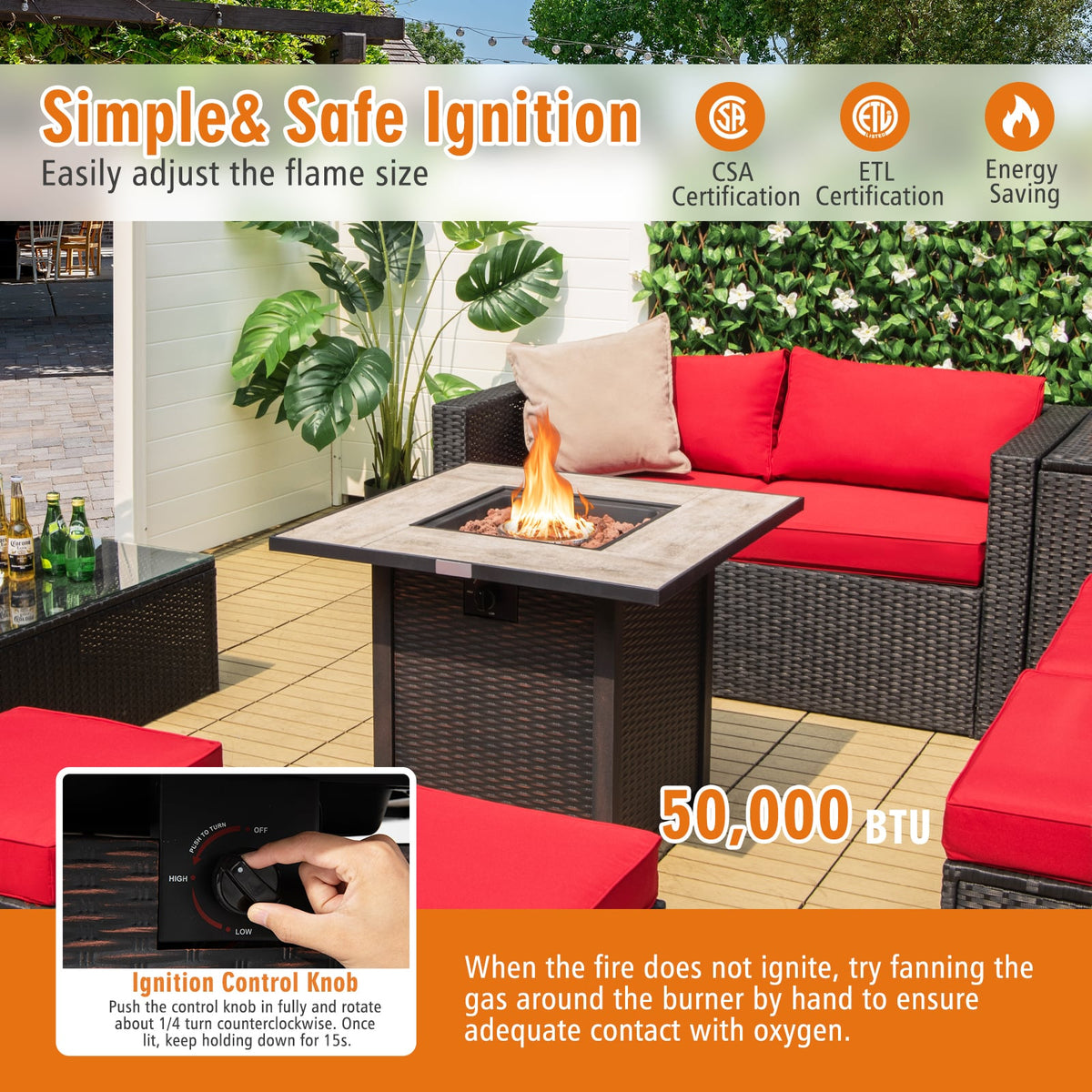 30 Inch Square Propane Gas Fire Pit Table Ceramic Tabletop-Fire Pit Tables-DECOROLALA