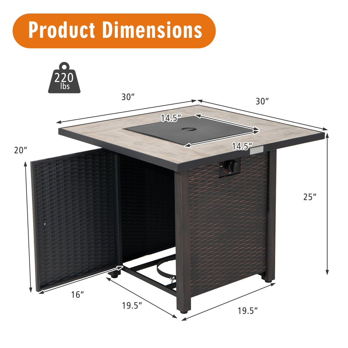 30 Inch Square Propane Gas Fire Pit Table Ceramic Tabletop-Fire Pit Tables-DECOROLALA