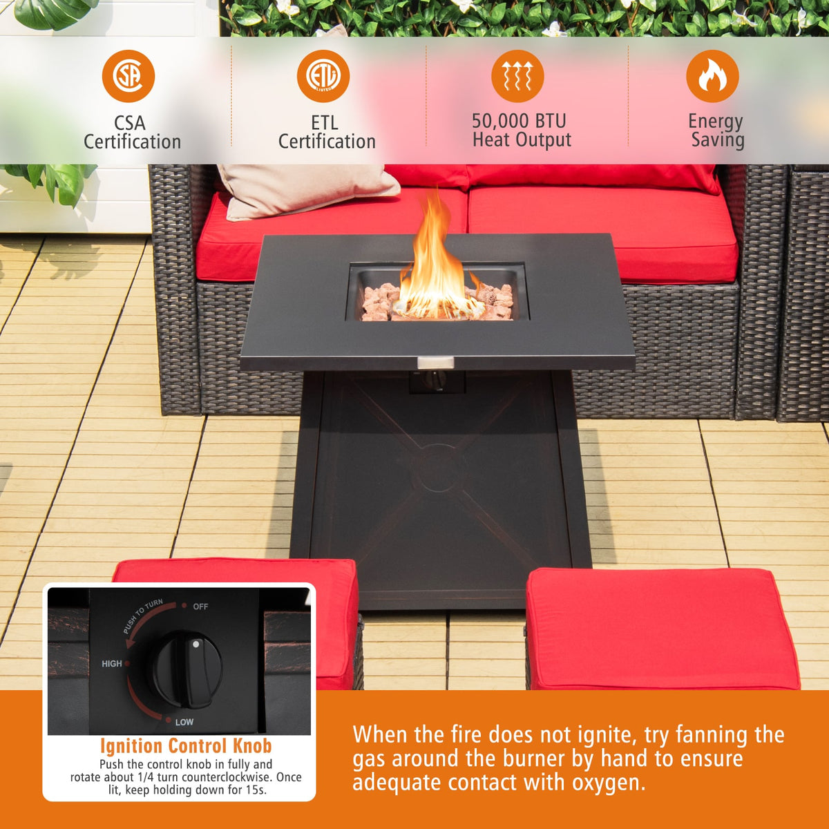 30 Inch Square Propane Gas Fire Table with Waterproof Cover-Fire Pit Tables-DECOROLALA