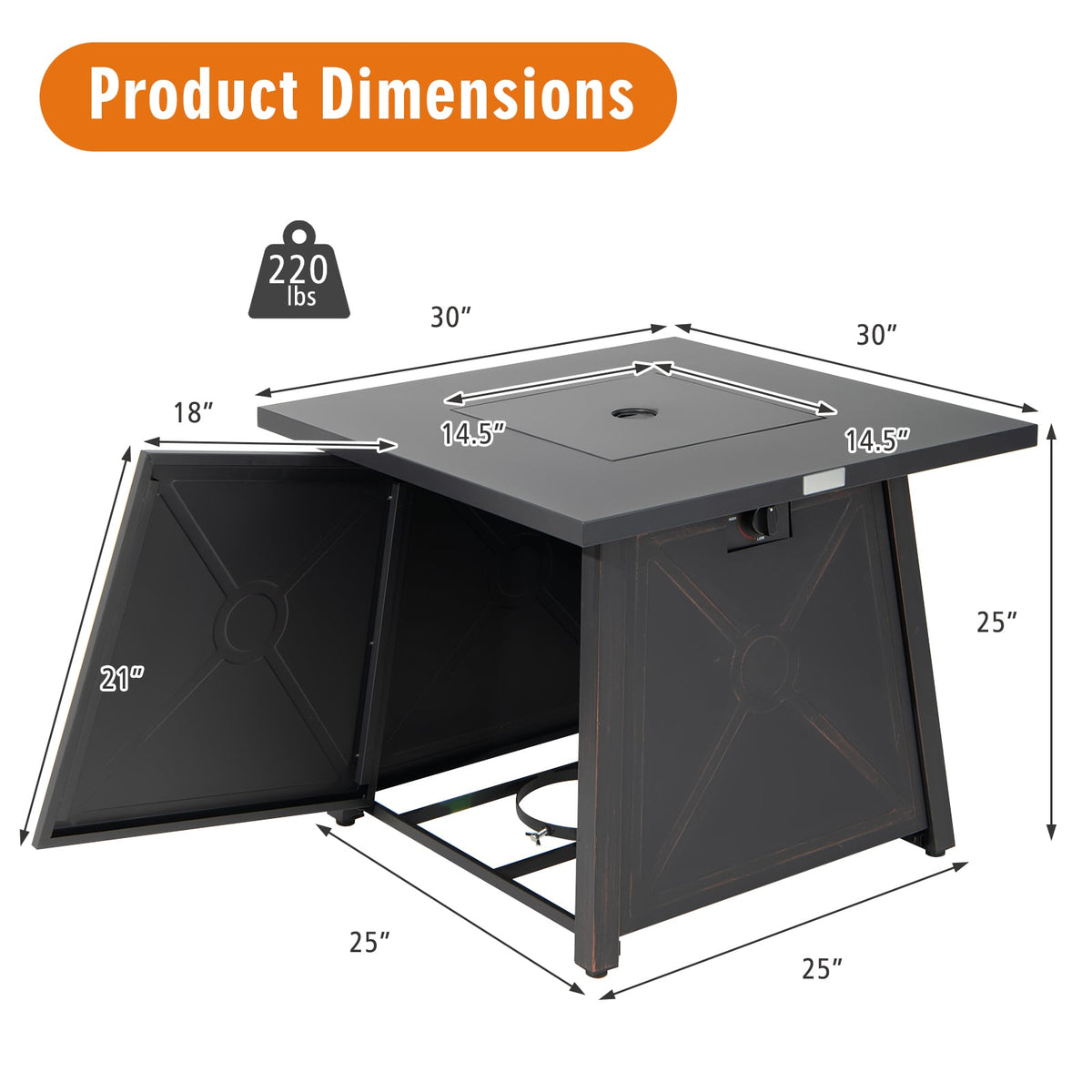 30 Inch Square Propane Gas Fire Table with Waterproof Cover-Fire Pit Tables-DECOROLALA
