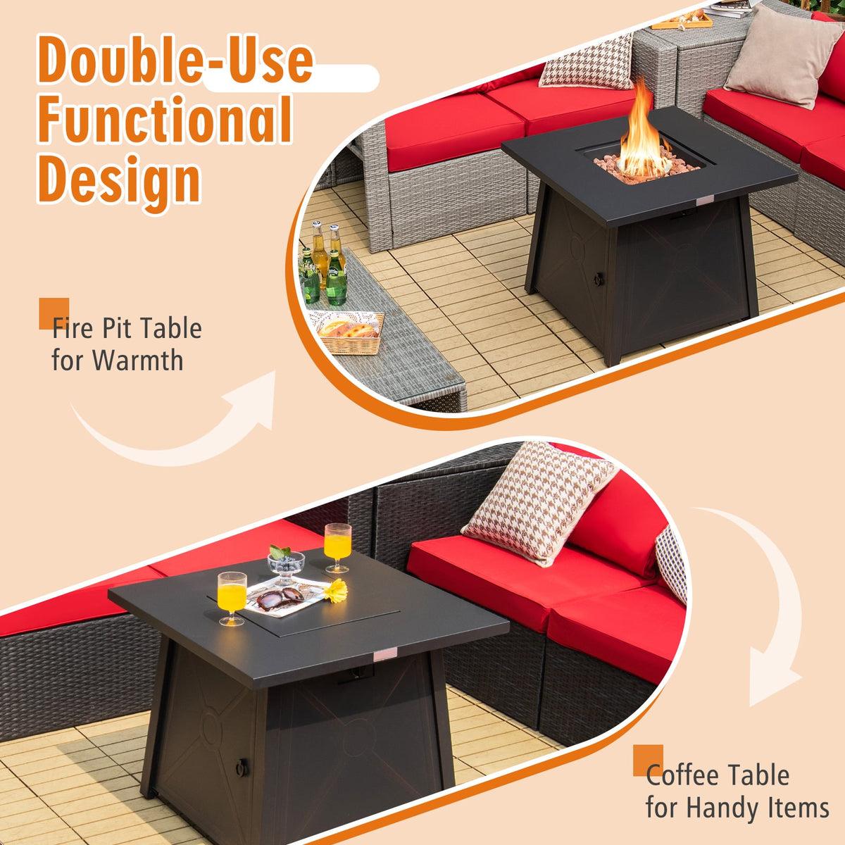 30 Inch Square Propane Gas Fire Table with Waterproof Cover-Fire Pit Tables-DECOROLALA