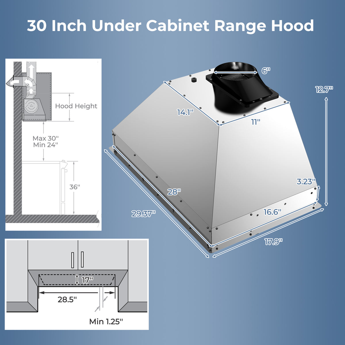 30 Inch Under Cabinet Range Hood with 4 Fan Speeds and Baffles Filters-Silver-Kitchen Appliances-DECOROLALA