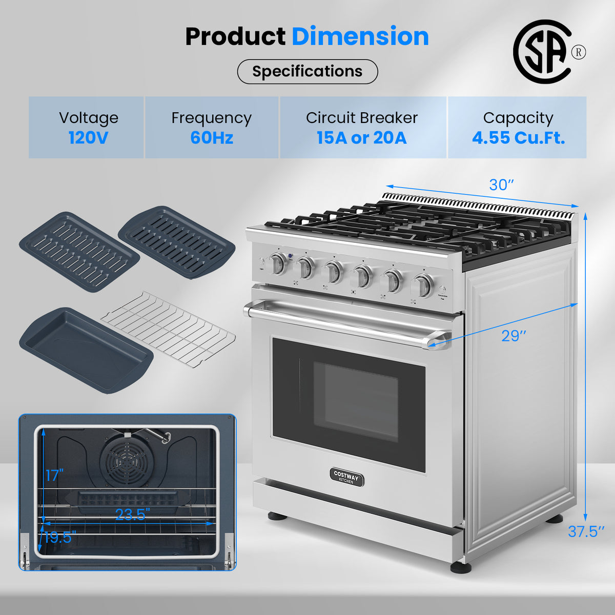 30 Inches 120V Natural Gas Range with 5 Burners Cooktop-Food Warmers & Burners-DECOROLALA
