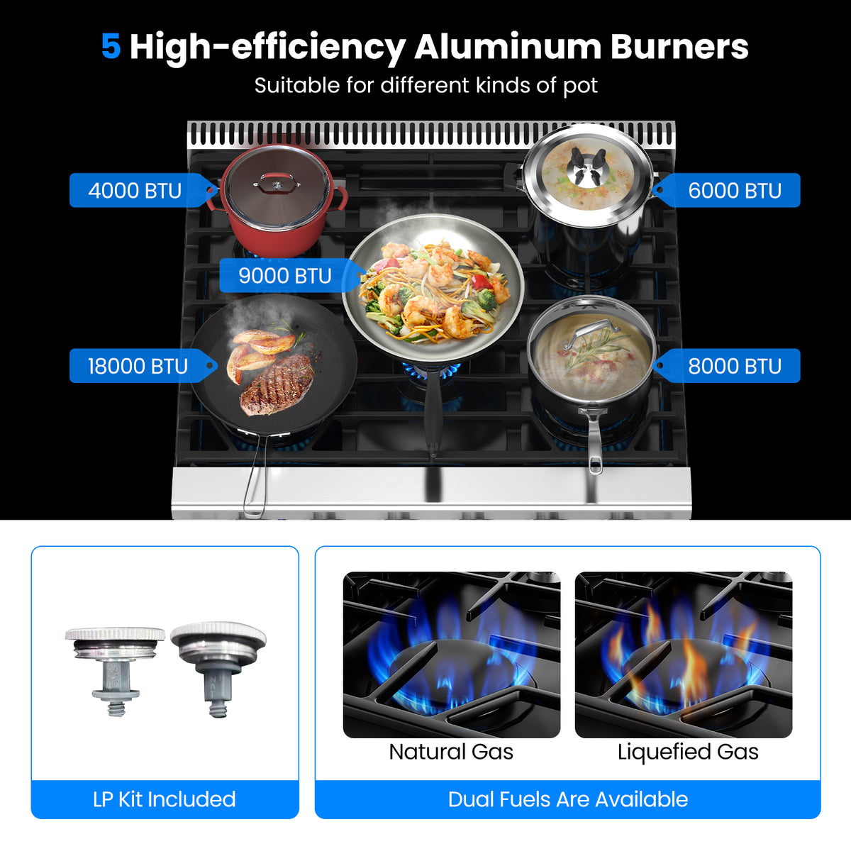 30 Inches 120V Natural Gas Range with 5 Burners Cooktop-Food Warmers & Burners-DECOROLALA