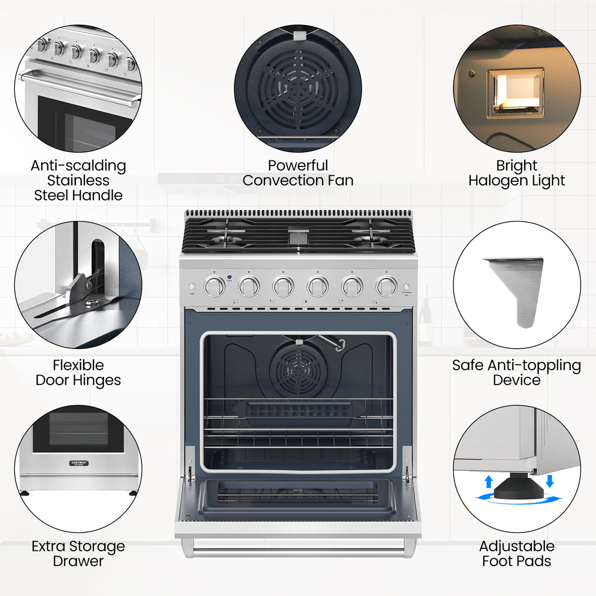 30 Inches 120V Natural Gas Range with 5 Burners Cooktop-Food Warmers & Burners-DECOROLALA