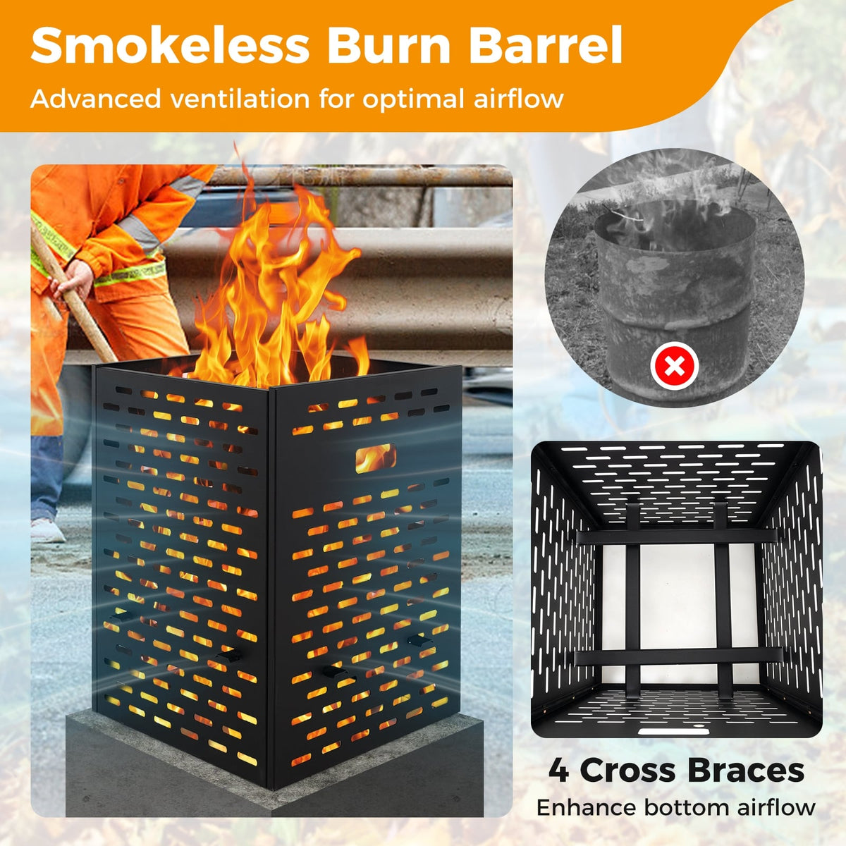 30 Inches Ultra Thick Burn Barrel with Venting Patterns and 4 Cross Braces-Fireplace Tools-DECOROLALA
