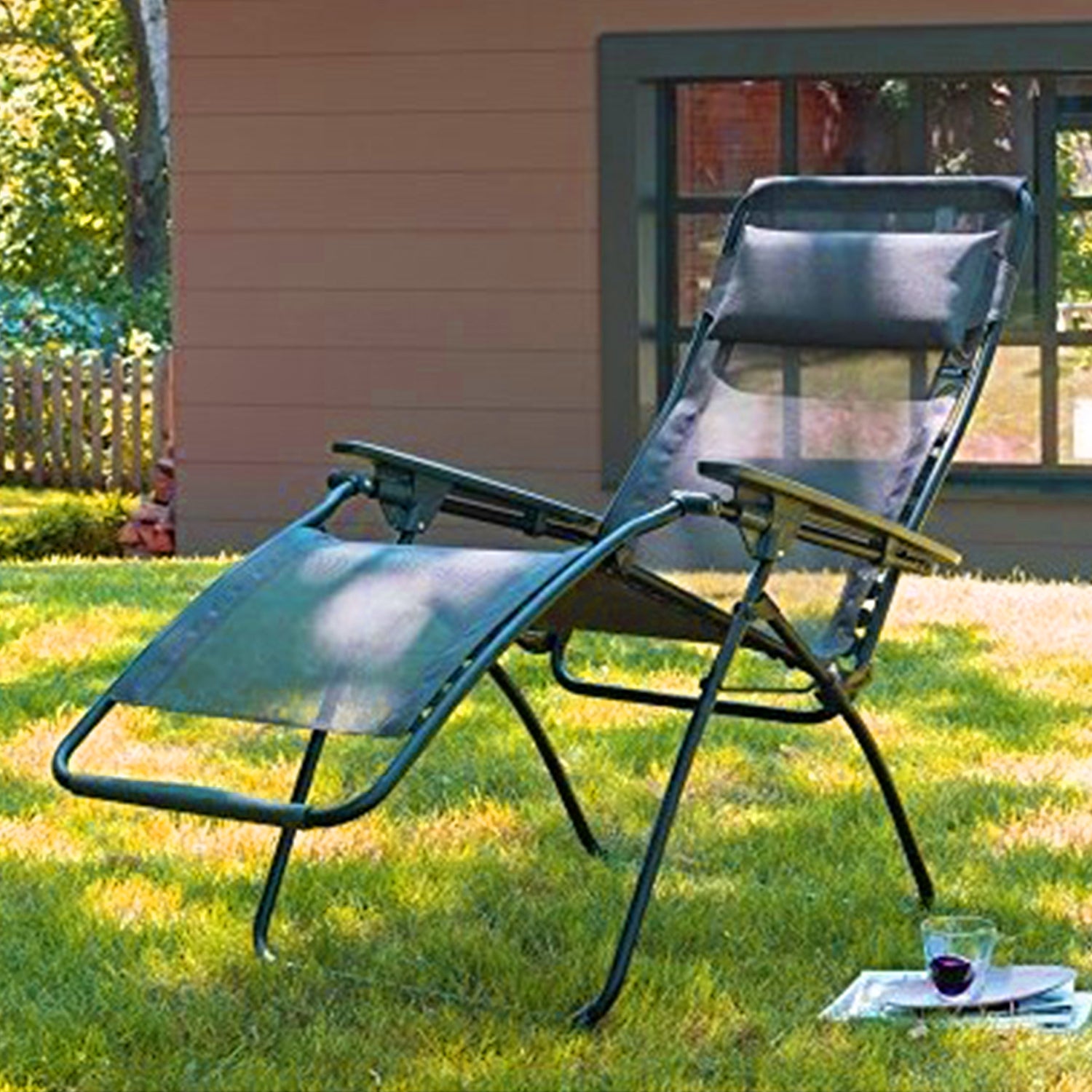 30" Light Gray and Chrome Steel Outdoor Zero Gravity Chair with Light Gray Cushion-Outdoor Chairs-DECOROLALA