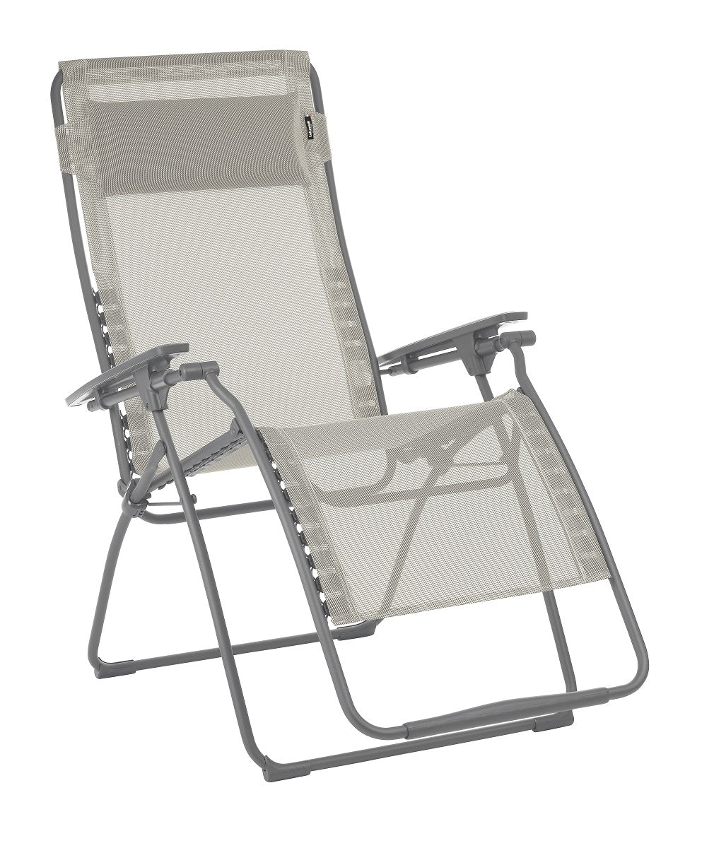 30" Light Gray and Chrome Steel Outdoor Zero Gravity Chair with Light Gray Cushion-Outdoor Chairs-DECOROLALA
