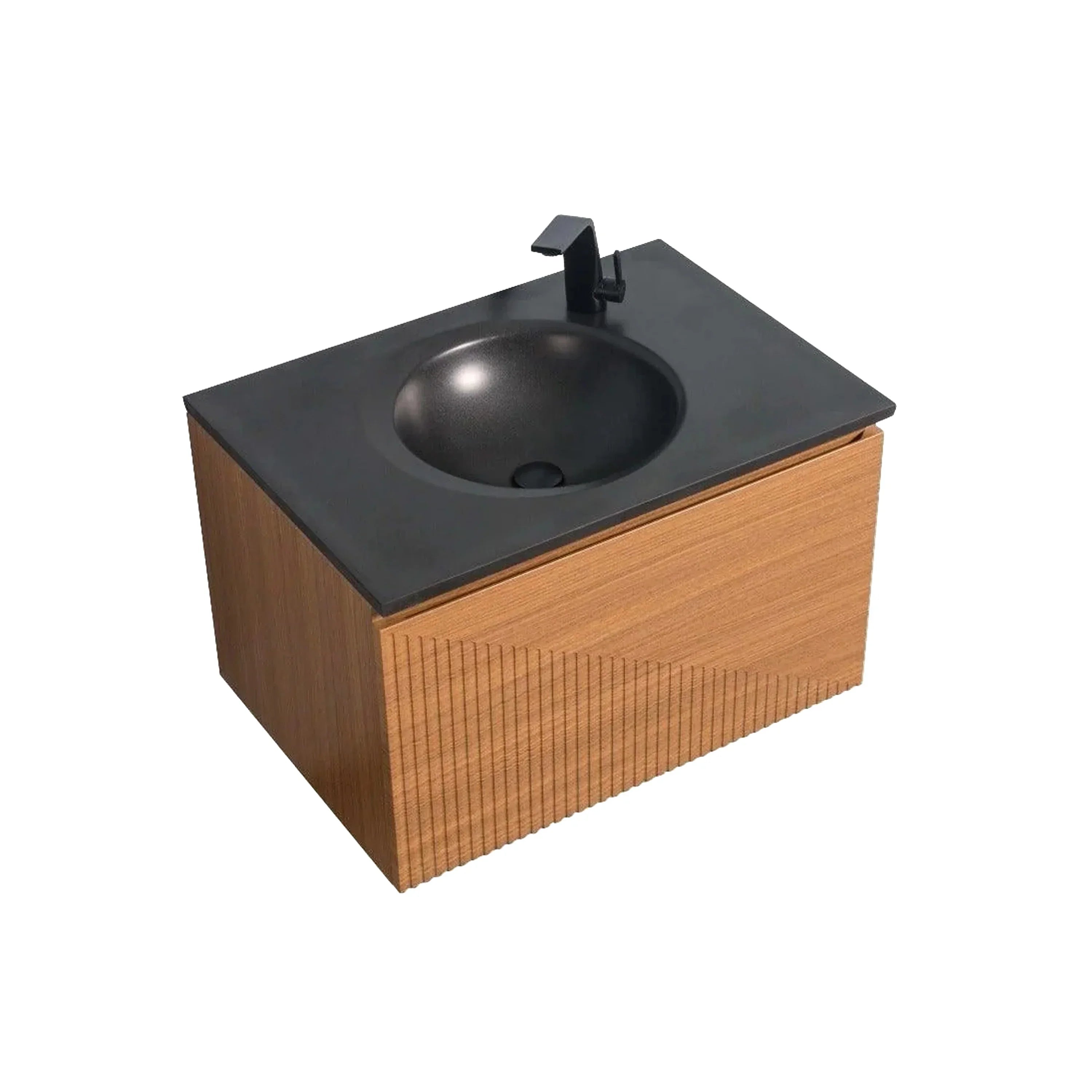 30" Light Oak Wall Mount Bathroom Vanity with Black Engineered Quartz Countertop-Migration_Bathroom Vanities-DECOROLALA