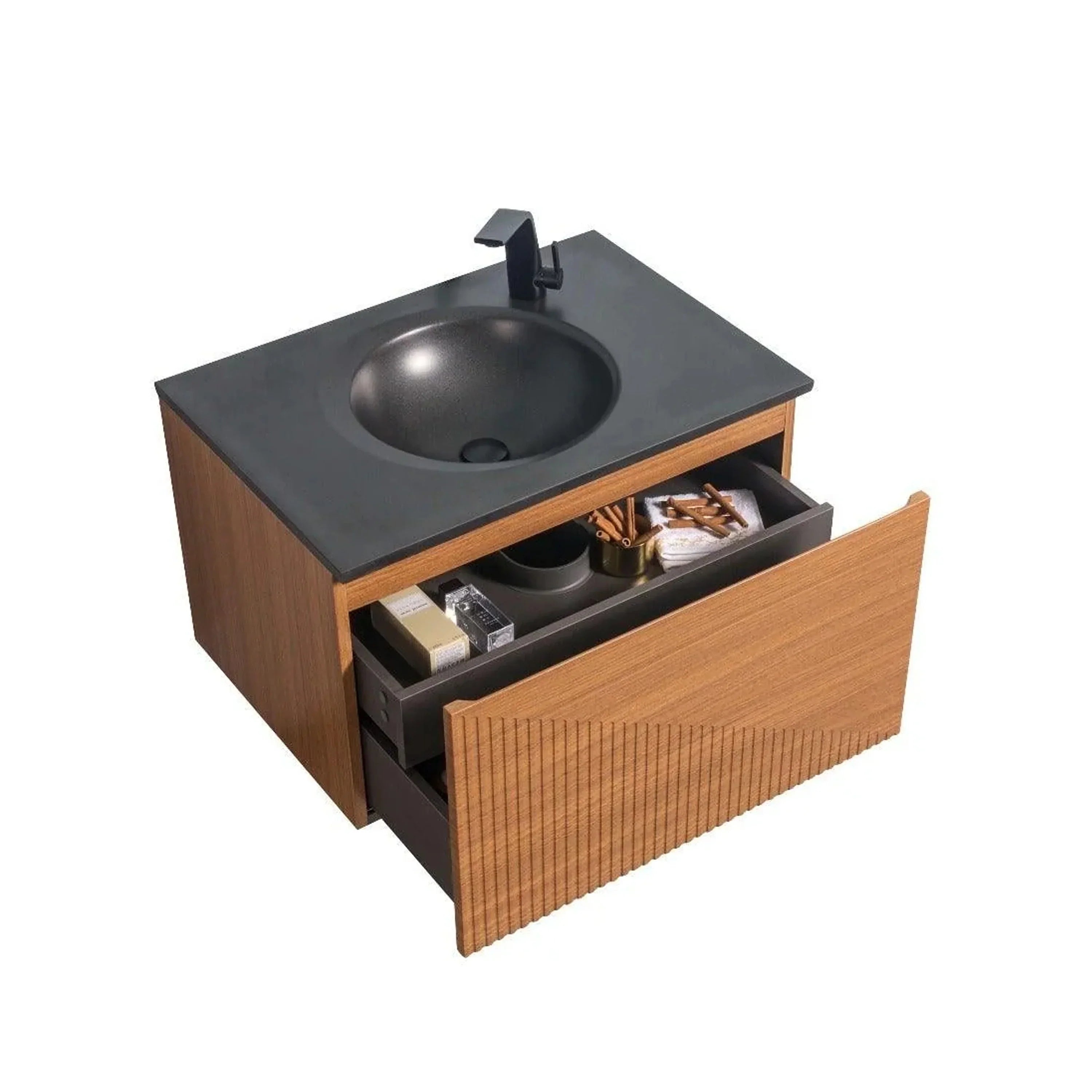 30" Light Oak Wall Mount Bathroom Vanity with Black Engineered Quartz Countertop-Migration_Bathroom Vanities-DECOROLALA