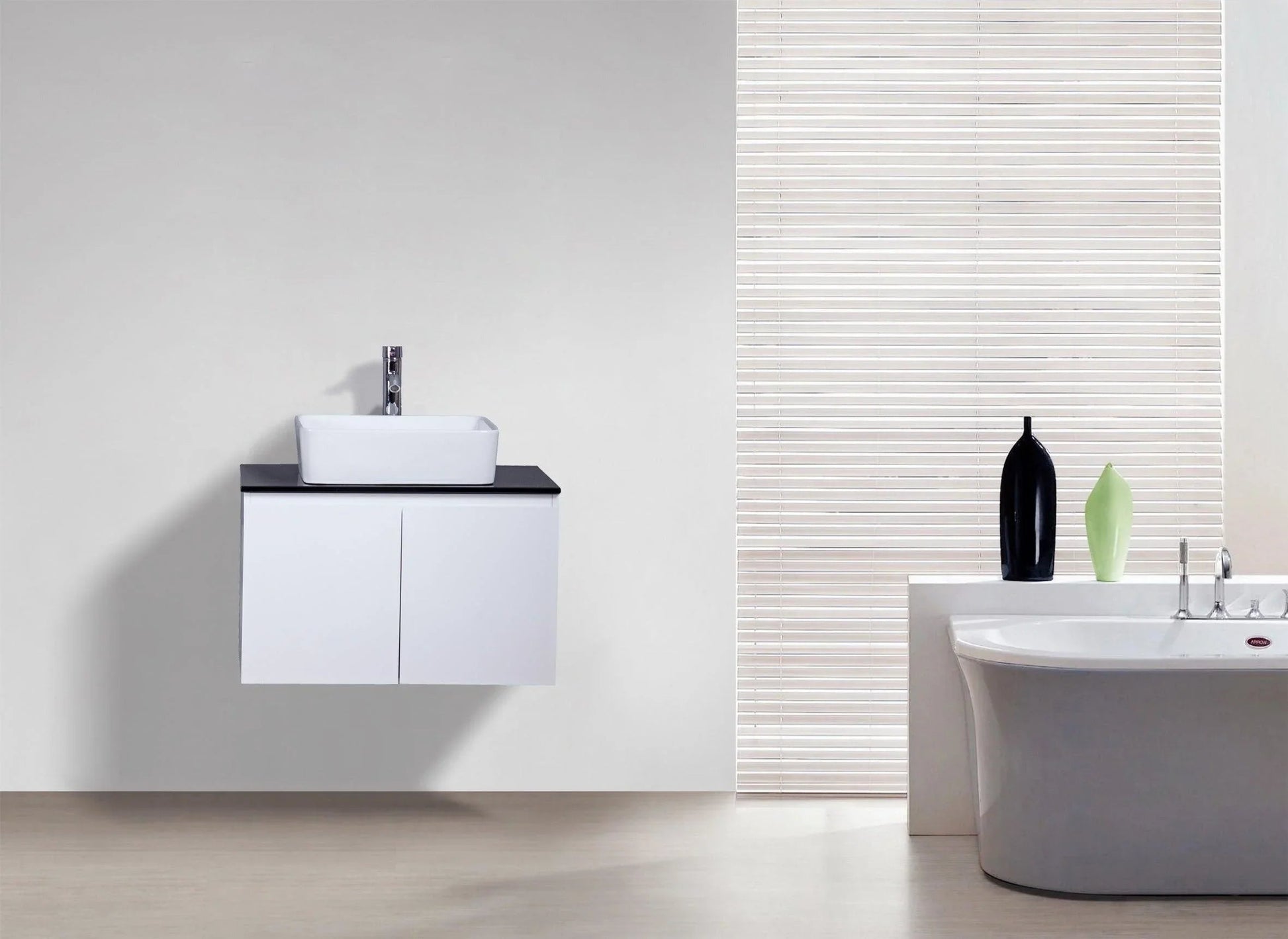 30" Lily White Wall Mount Bathroom Vanity with Black Tempered Glass Countertop & Ceramic Sink Cali-Migration_Bathroom Vanities-DECOROLALA