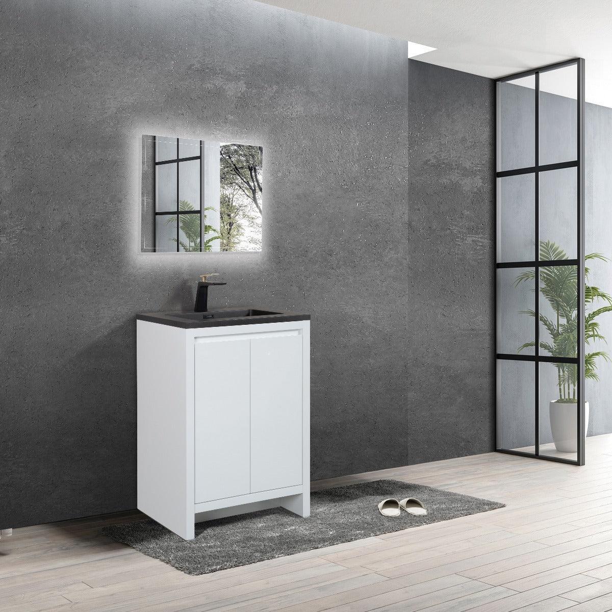 30" Matte White Freestanding Bathroom Vanity with Black Engineered Quartz Countertop-Migration_Bathroom Vanities-DECOROLALA