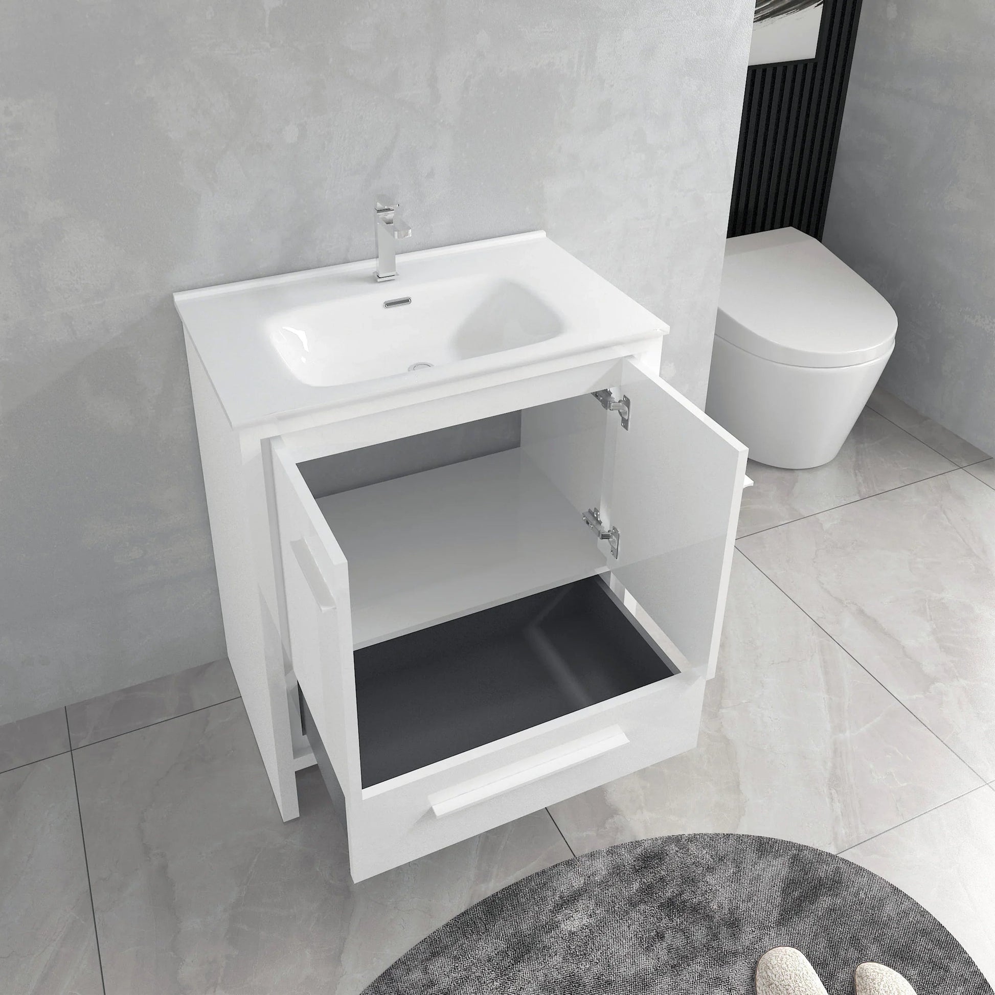 30" Matte White Freestanding Bathroom Vanity with White Ceramic Countertop-Migration_Bathroom Vanities-DECOROLALA
