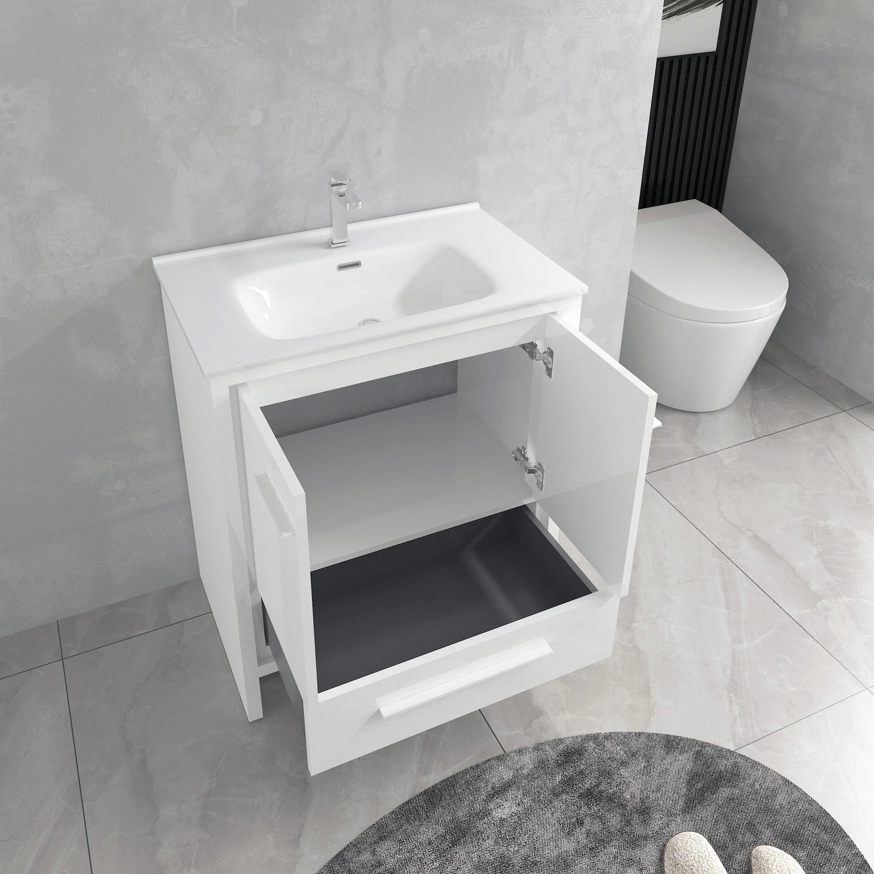 30" Matte White Freestanding Bathroom Vanity with White Ceramic Countertop-Migration_Bathroom Vanities-DECOROLALA
