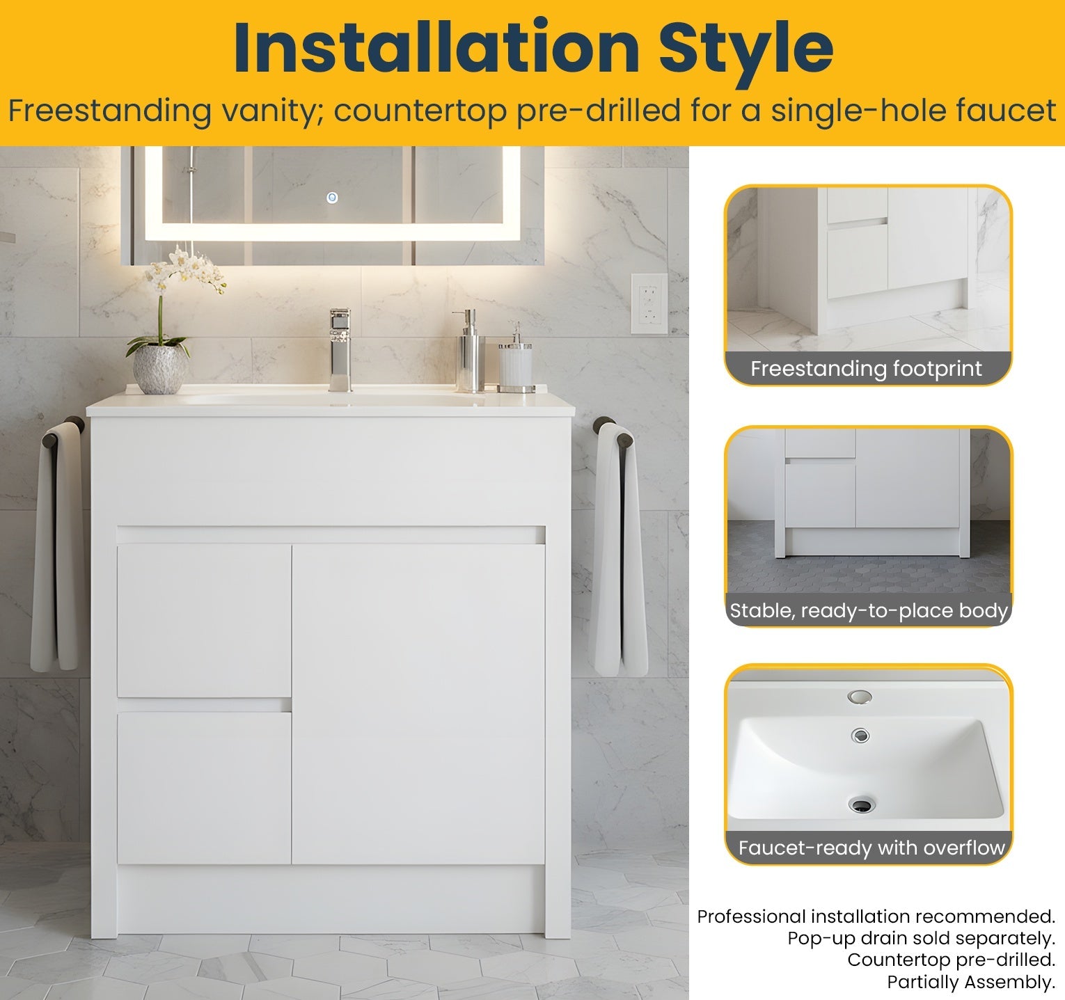 30" Matte White Freestanding Bathroom Vanity with White Ceramic Countertop-Migration_Bathroom Vanities-DECOROLALA