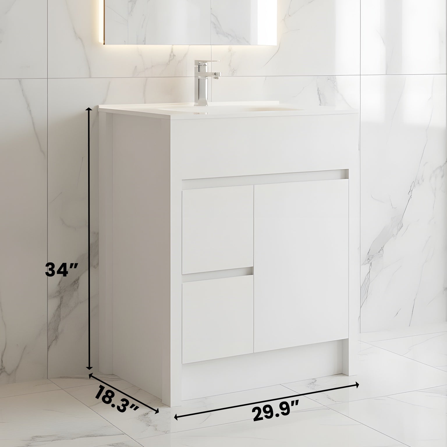 30" Matte White Freestanding Bathroom Vanity with White Ceramic Countertop-Migration_Bathroom Vanities-DECOROLALA