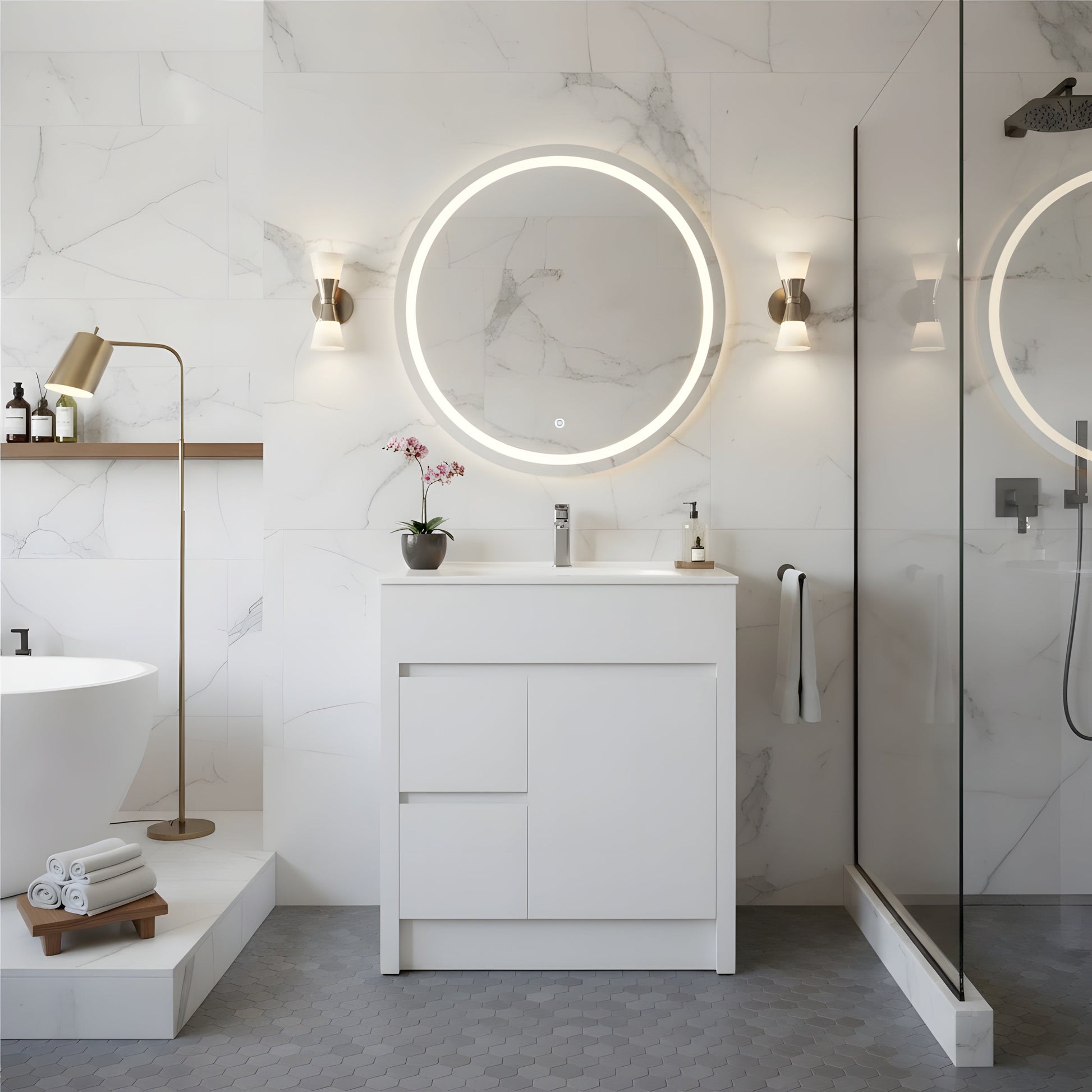 30" Matte White Freestanding Bathroom Vanity with White Ceramic Countertop-Migration_Bathroom Vanities-DECOROLALA