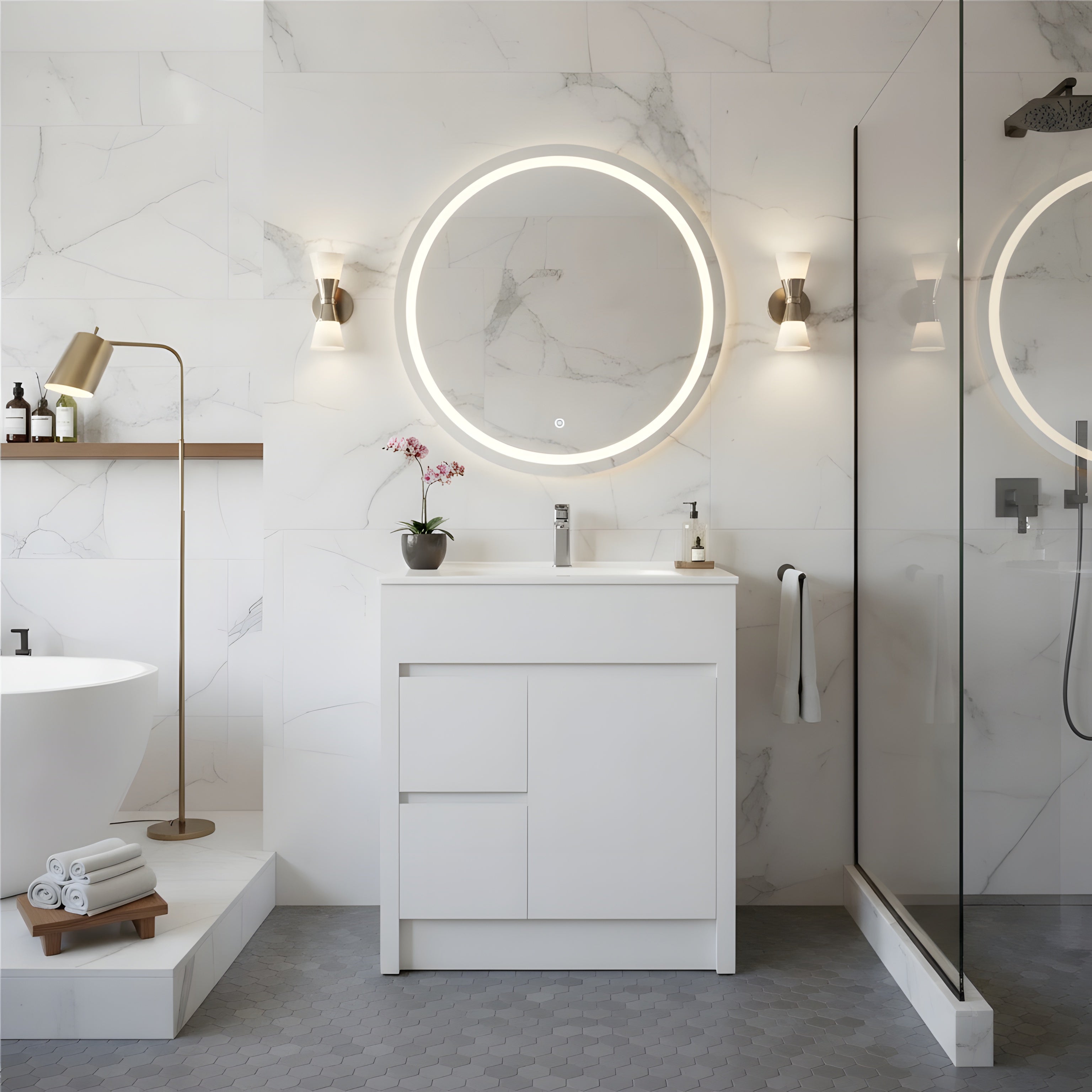 30" Matte White Freestanding Bathroom Vanity with White Ceramic Countertop-Migration_Bathroom Vanities-DECOROLALA