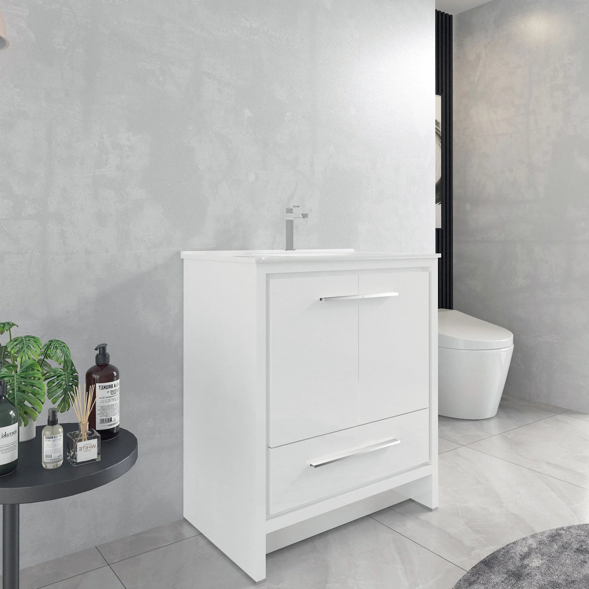 30" Matte White Freestanding Bathroom Vanity with White Ceramic Countertop-Migration_Bathroom Vanities-DECOROLALA