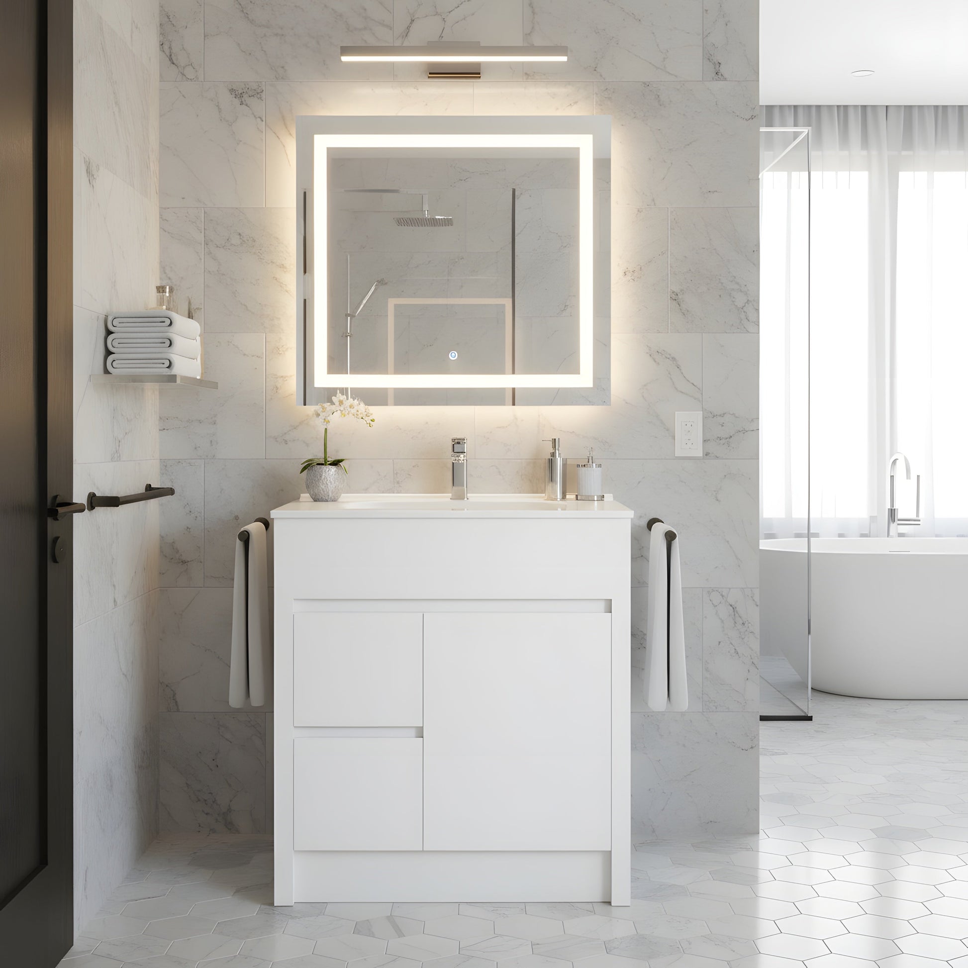 30" Matte White Freestanding Bathroom Vanity with White Ceramic Countertop-Migration_Bathroom Vanities-DECOROLALA