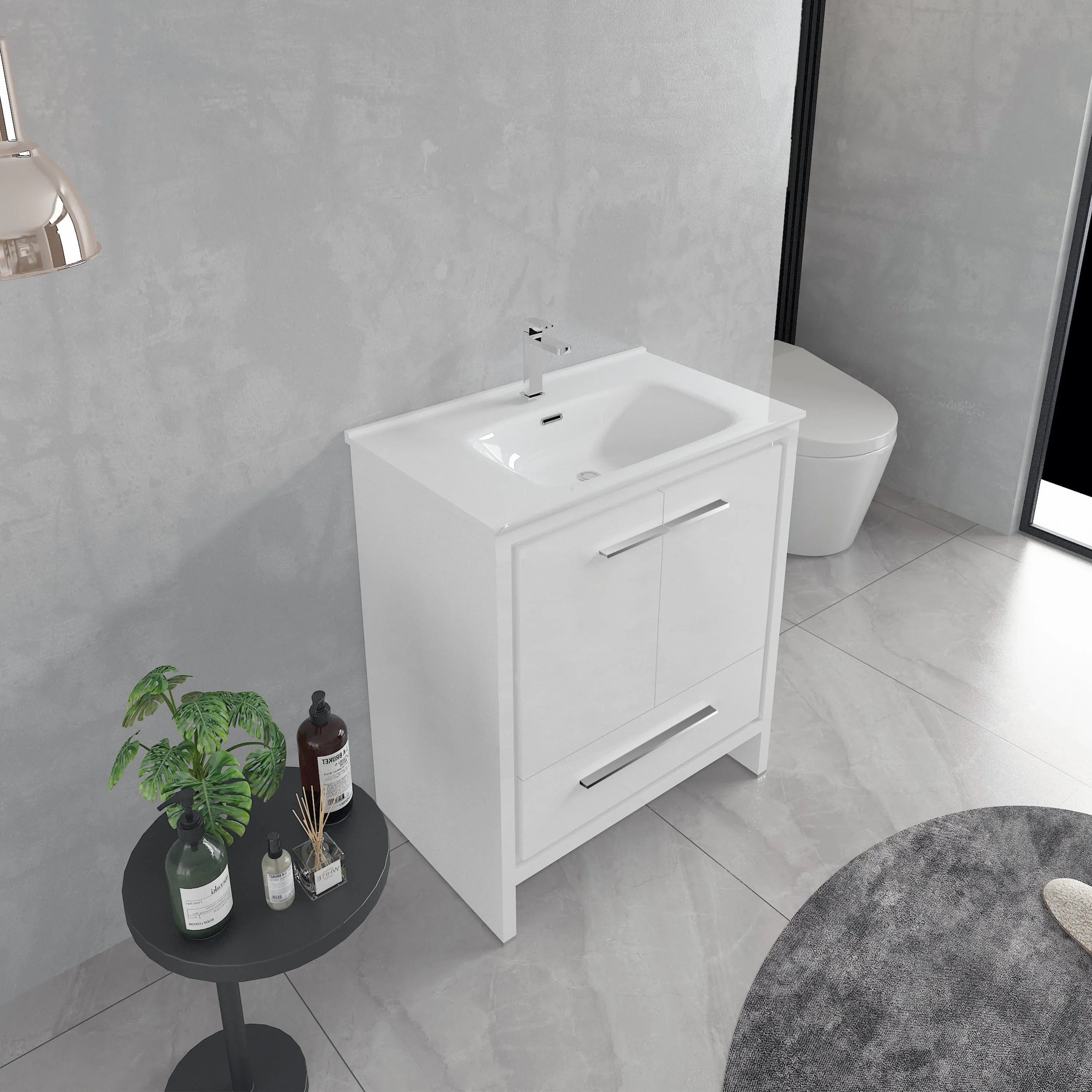30" Matte White Freestanding Bathroom Vanity with White Ceramic Countertop-Migration_Bathroom Vanities-DECOROLALA