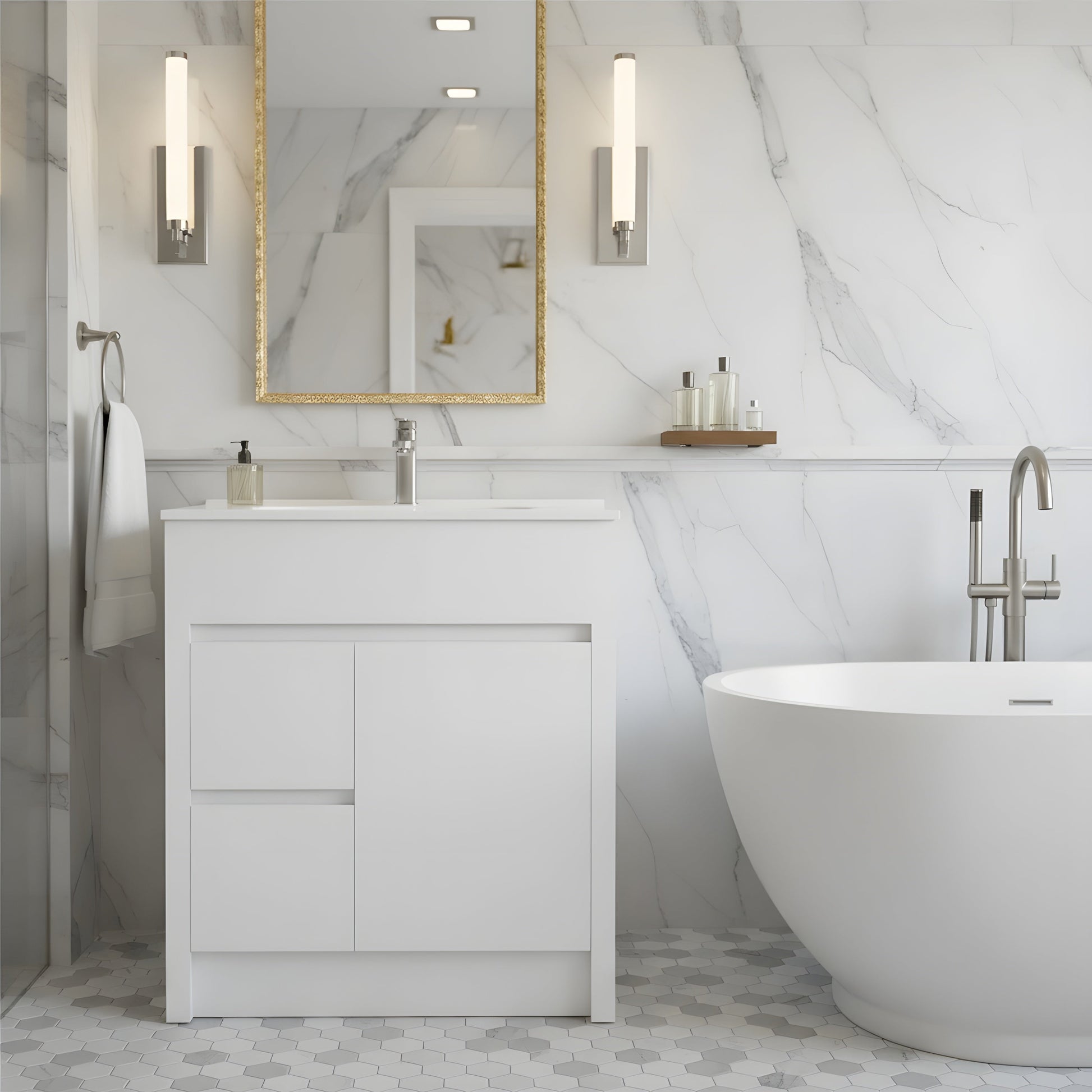 30" Matte White Freestanding Bathroom Vanity with White Ceramic Countertop-Migration_Bathroom Vanities-DECOROLALA