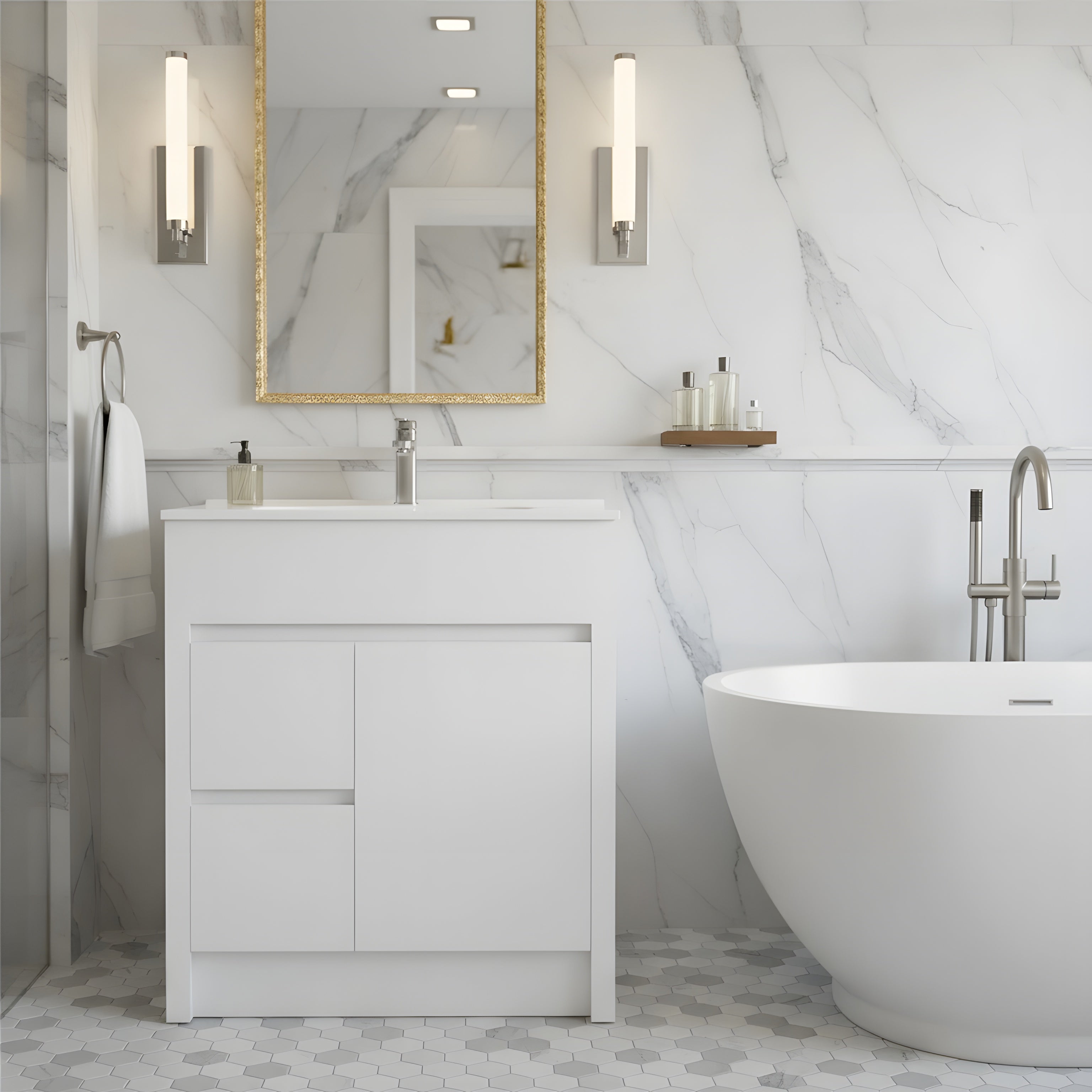 30" Matte White Freestanding Bathroom Vanity with White Ceramic Countertop-Migration_Bathroom Vanities-DECOROLALA