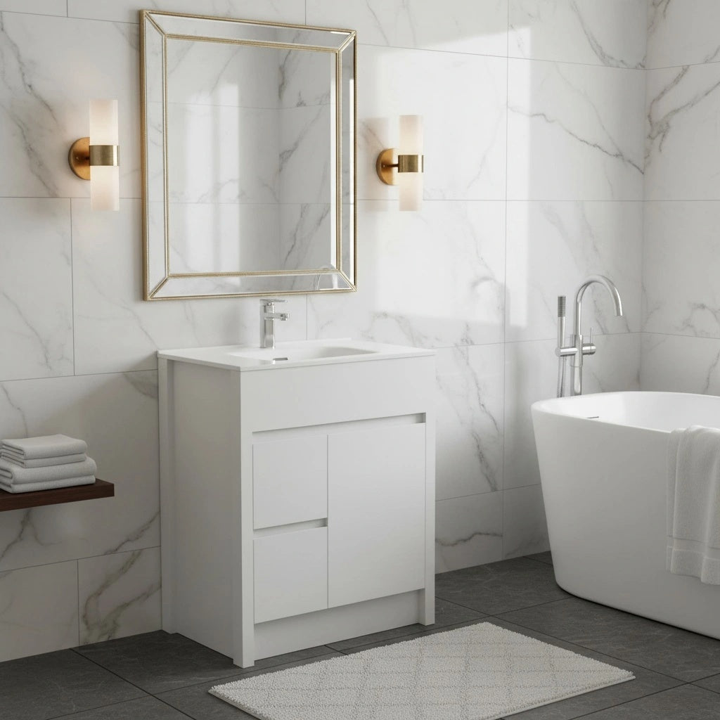 30" Matte White Freestanding Bathroom Vanity with White Ceramic Countertop-Migration_Bathroom Vanities-DECOROLALA