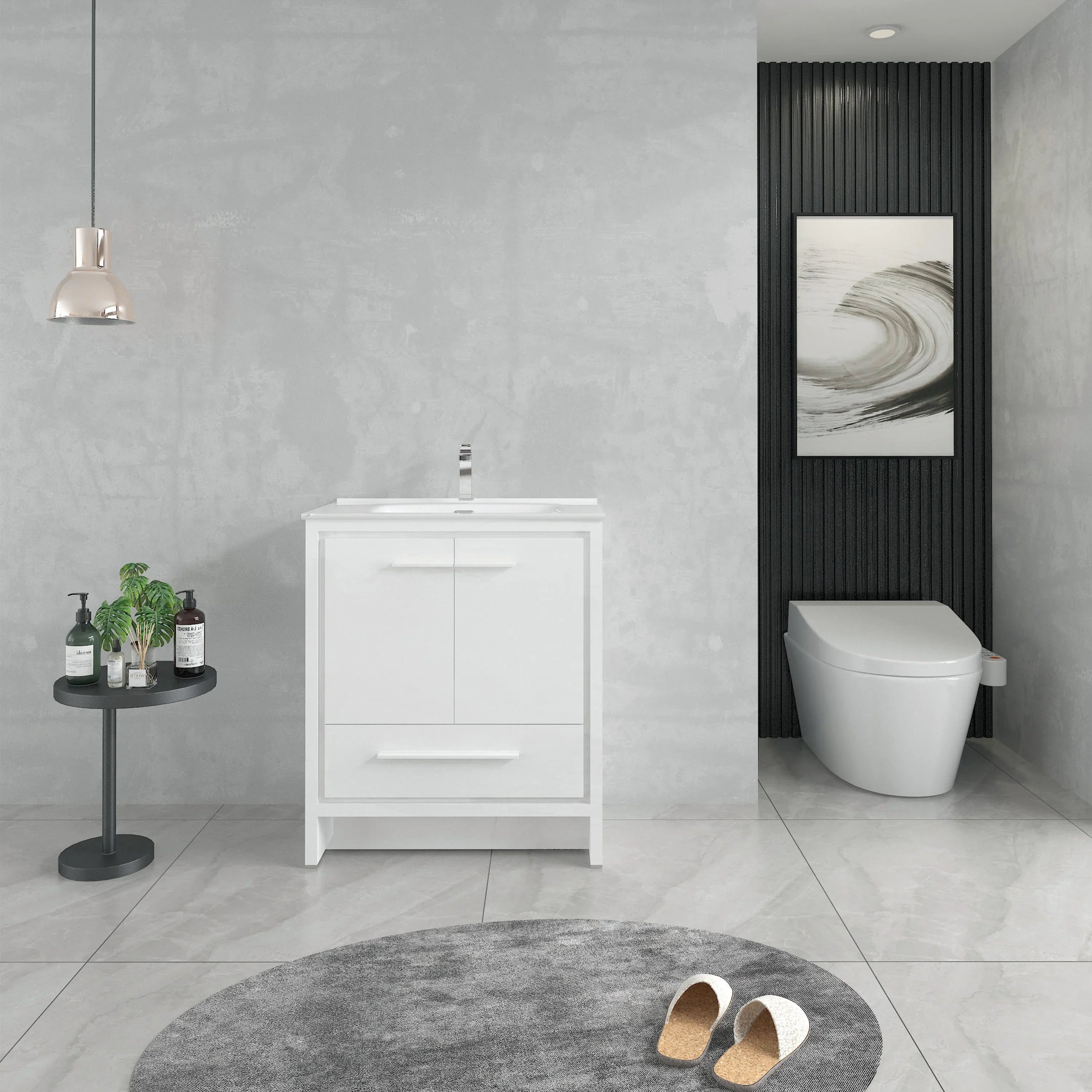 30" Matte White Freestanding Bathroom Vanity with White Ceramic Countertop-Migration_Bathroom Vanities-DECOROLALA