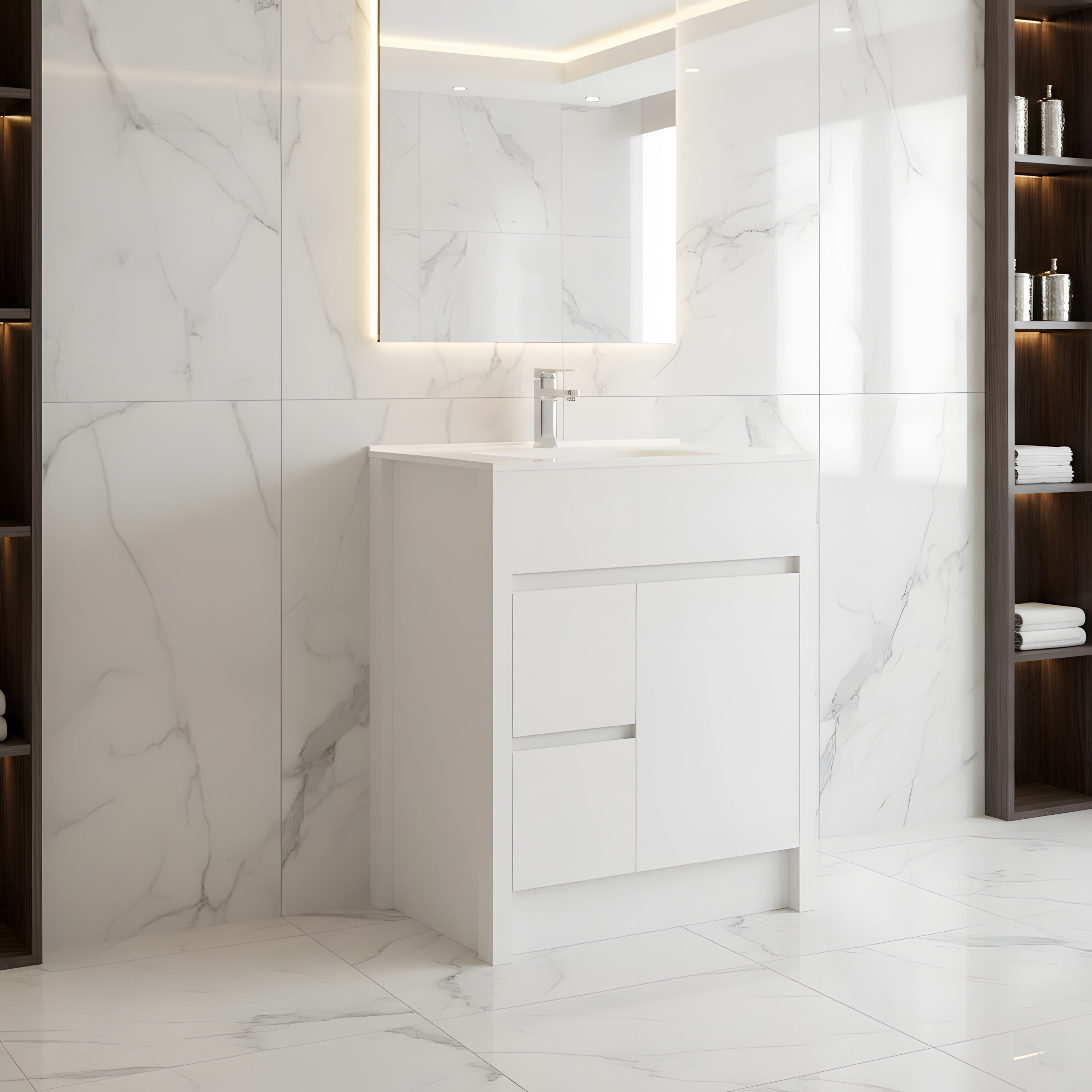 30" Matte White Freestanding Bathroom Vanity with White Ceramic Countertop-Migration_Bathroom Vanities-DECOROLALA